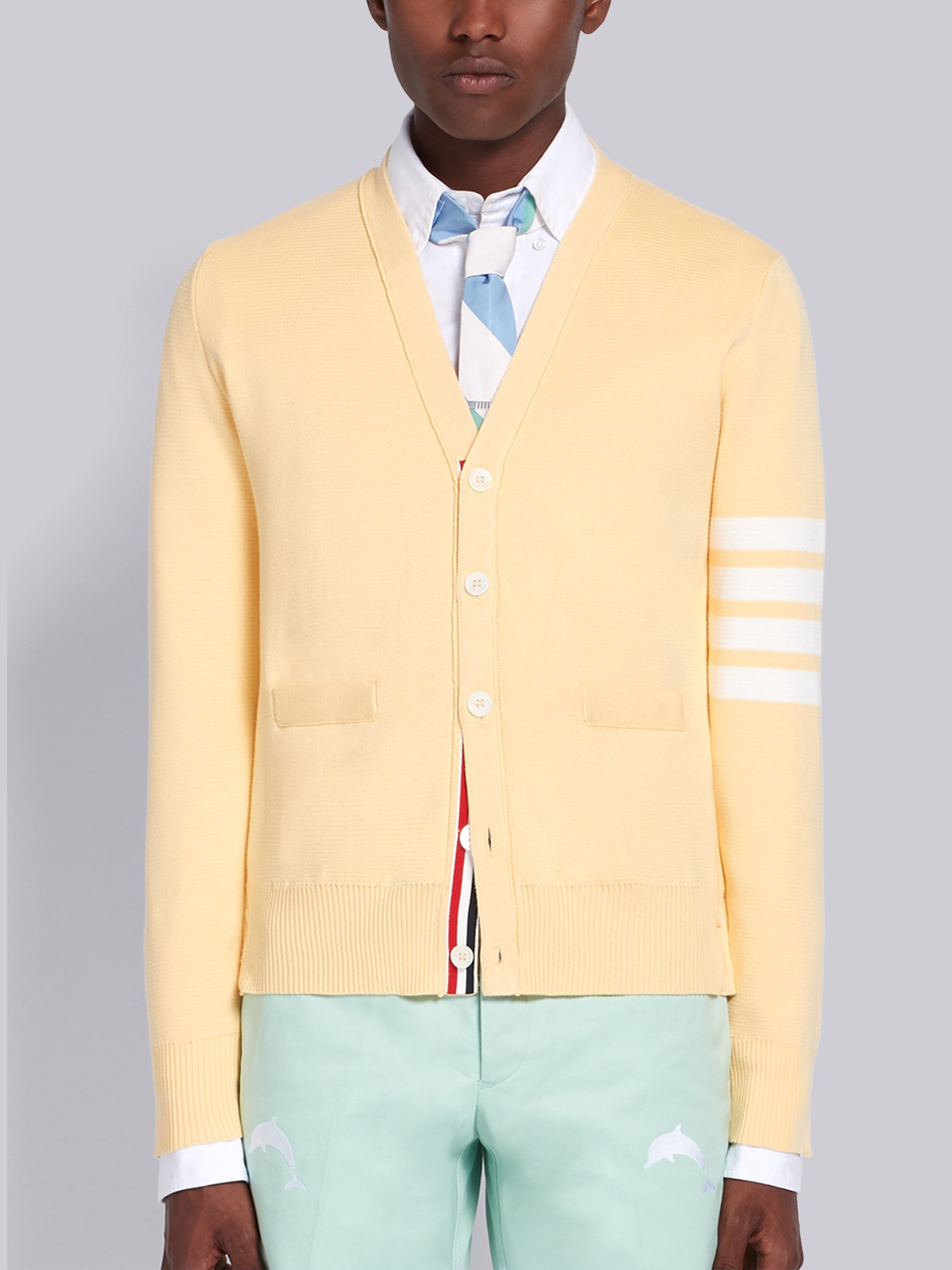 Yellow Cotton V-Neck 4-Bar Cardigan - 1