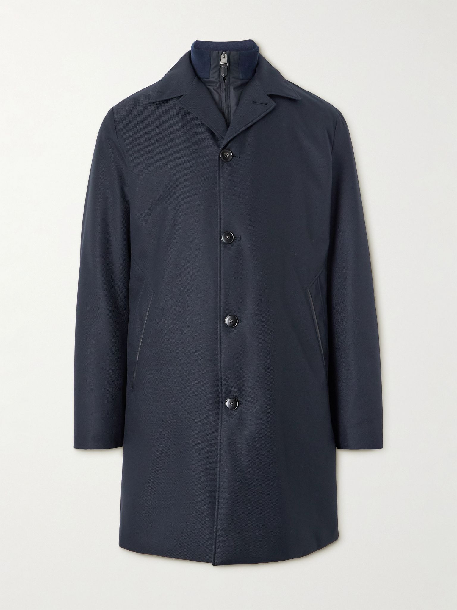 Leather-Trimmed Shell Overcoat Navy - 1