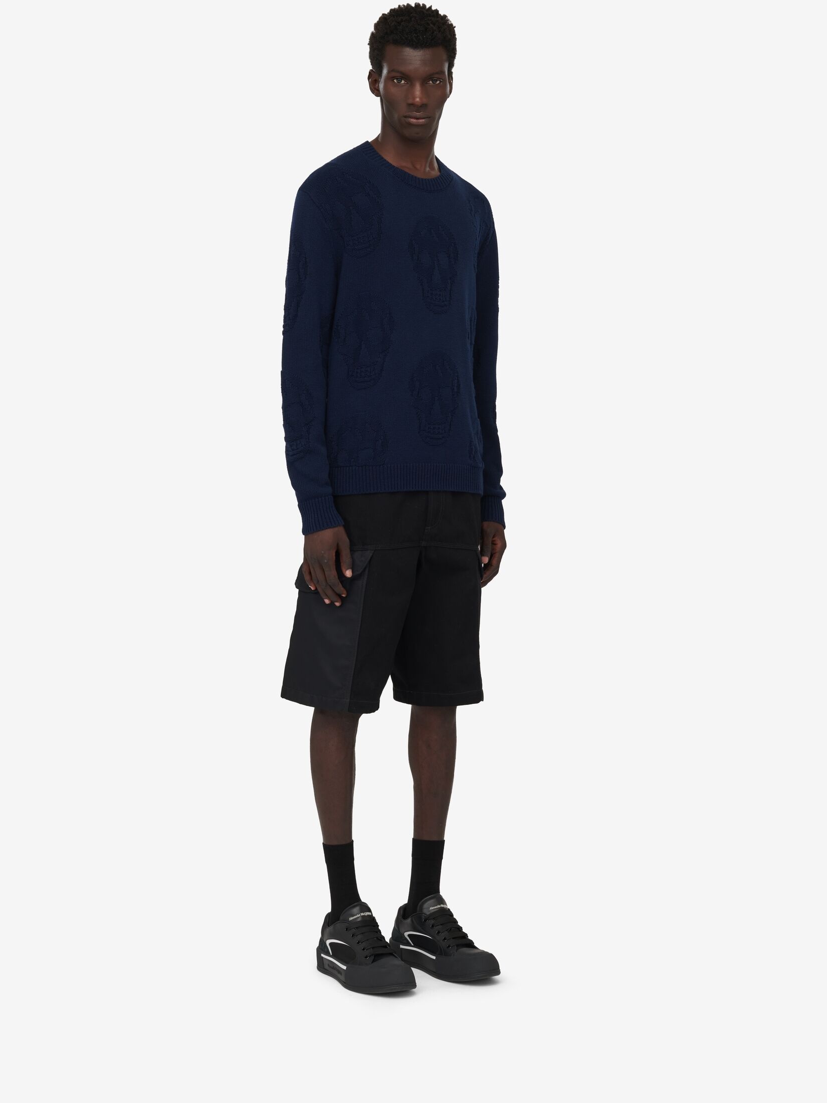 Men's Textured Skull Jumper in Navy - 3