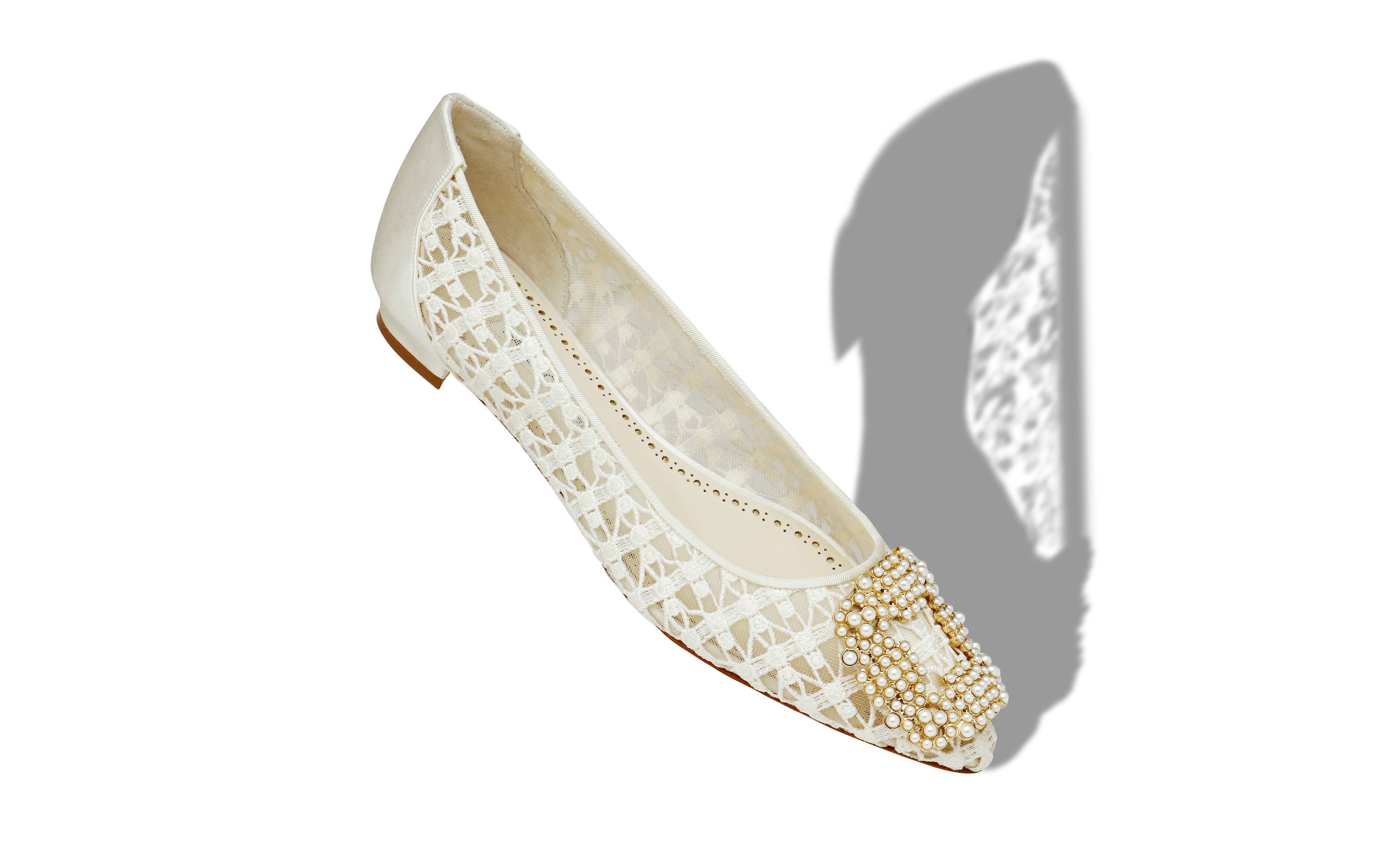 White Lace Pearl Buckle Flat Shoes - 2