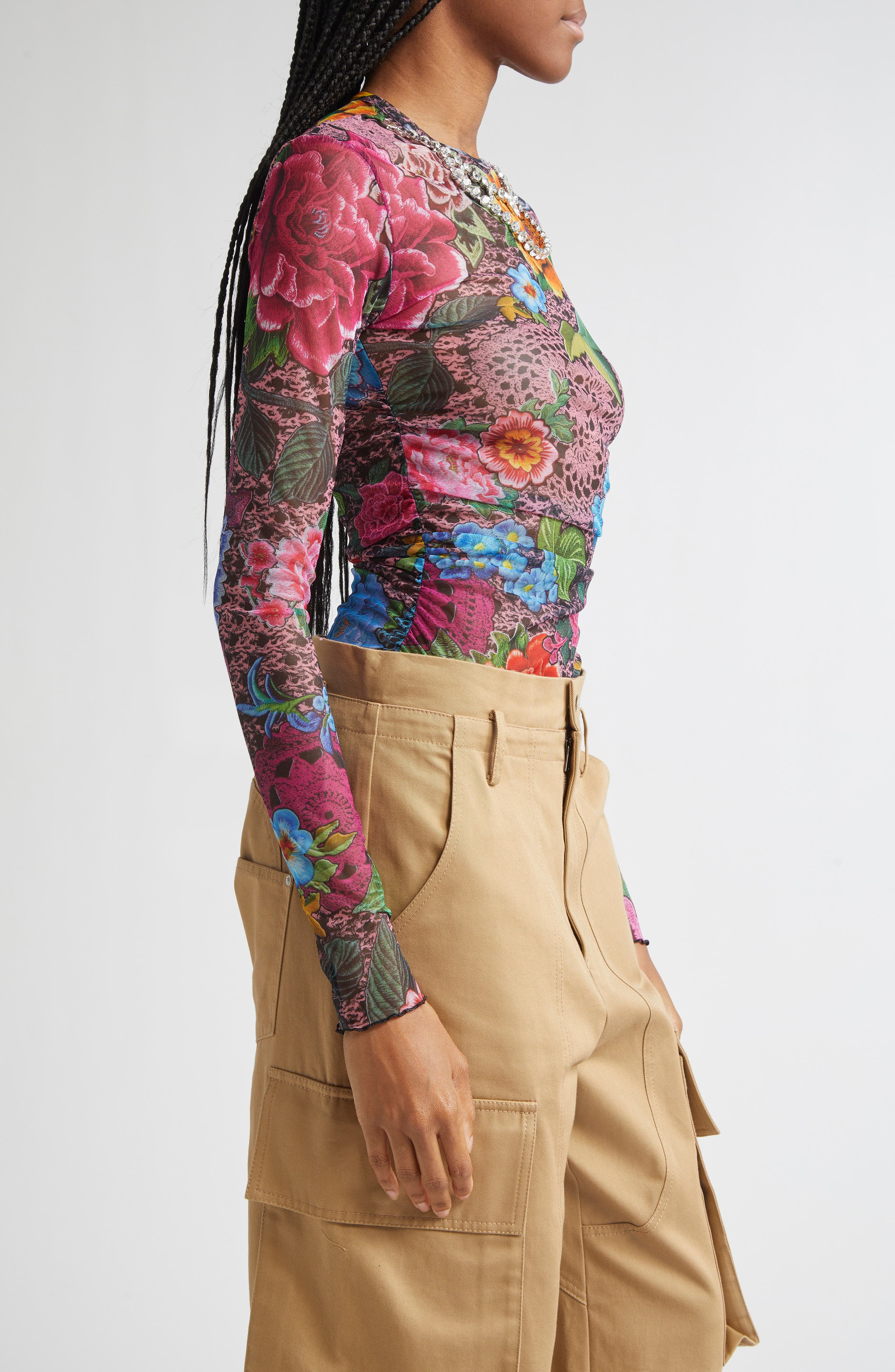 Area Crystal Embellished Floral Tulle Top in Pink Multi at Nordstrom - 3