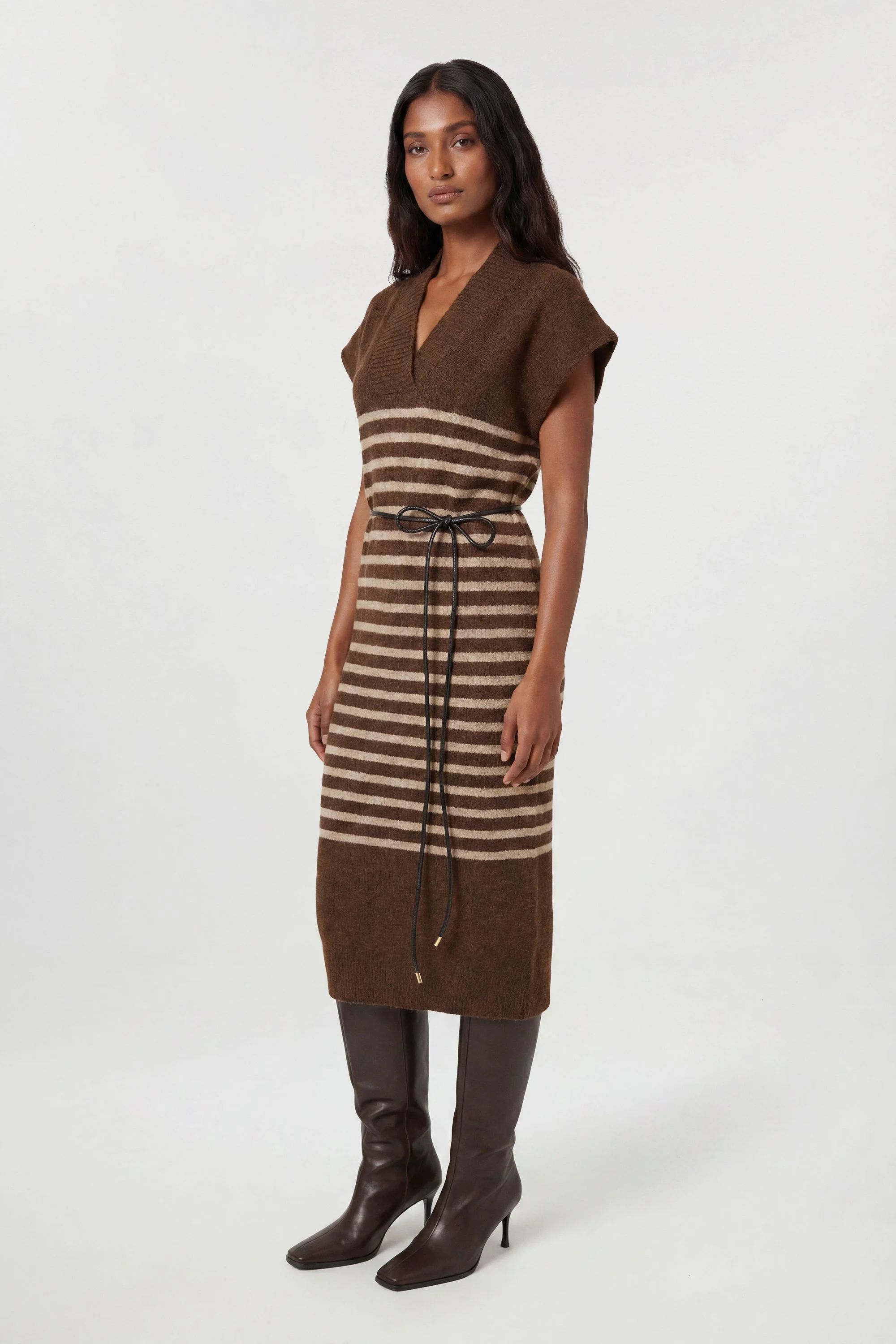 Wool Blend Cosy Knit Striped Belted Midi Dress - 1