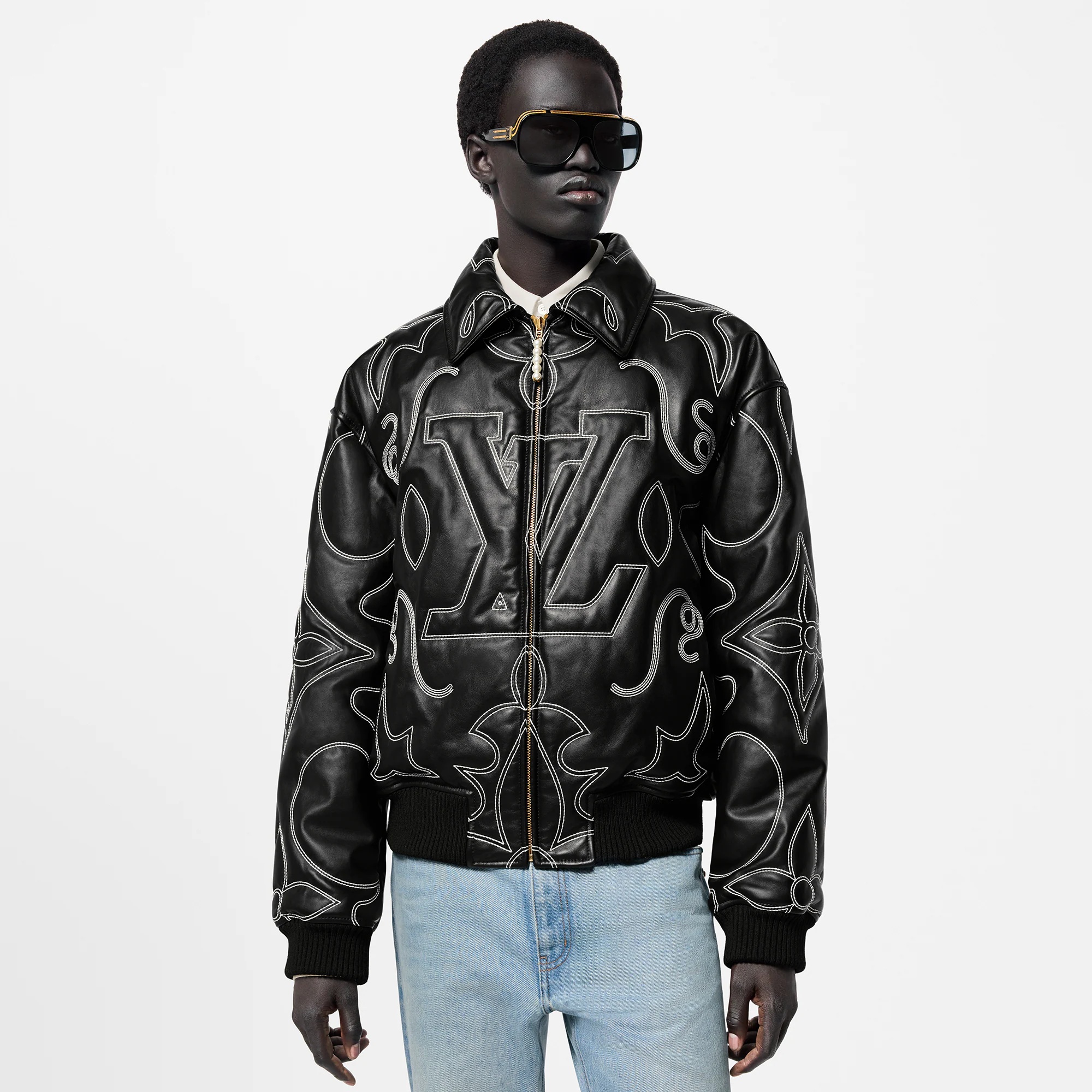 Embroidered Leather Bomber Jacket - 2