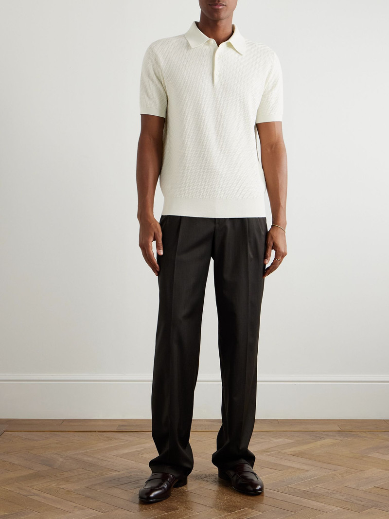 Brioni Basketweave Cotton, Silk and Cashmere-Blend Polo Shirt White outlook