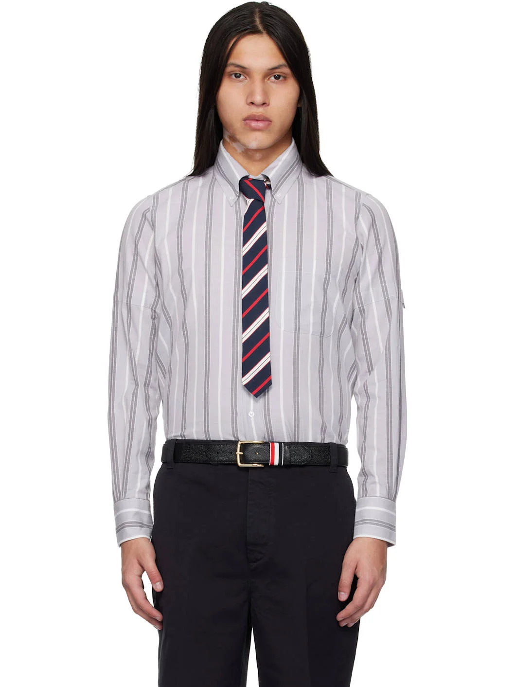 Gray Madras Cotton Repp Stripe Armband Shirt - 1