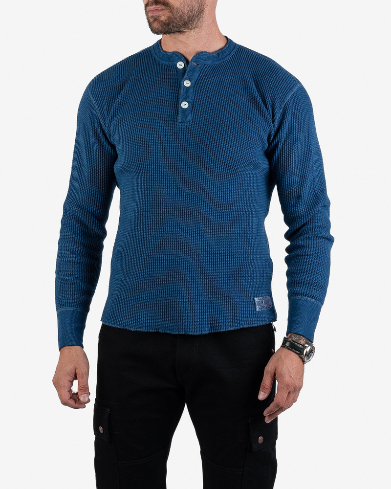 Iron Heart IHTL-1213-IND Waffle Knit Long Sleeved Thermal Henley - Indigo Dyed outlook