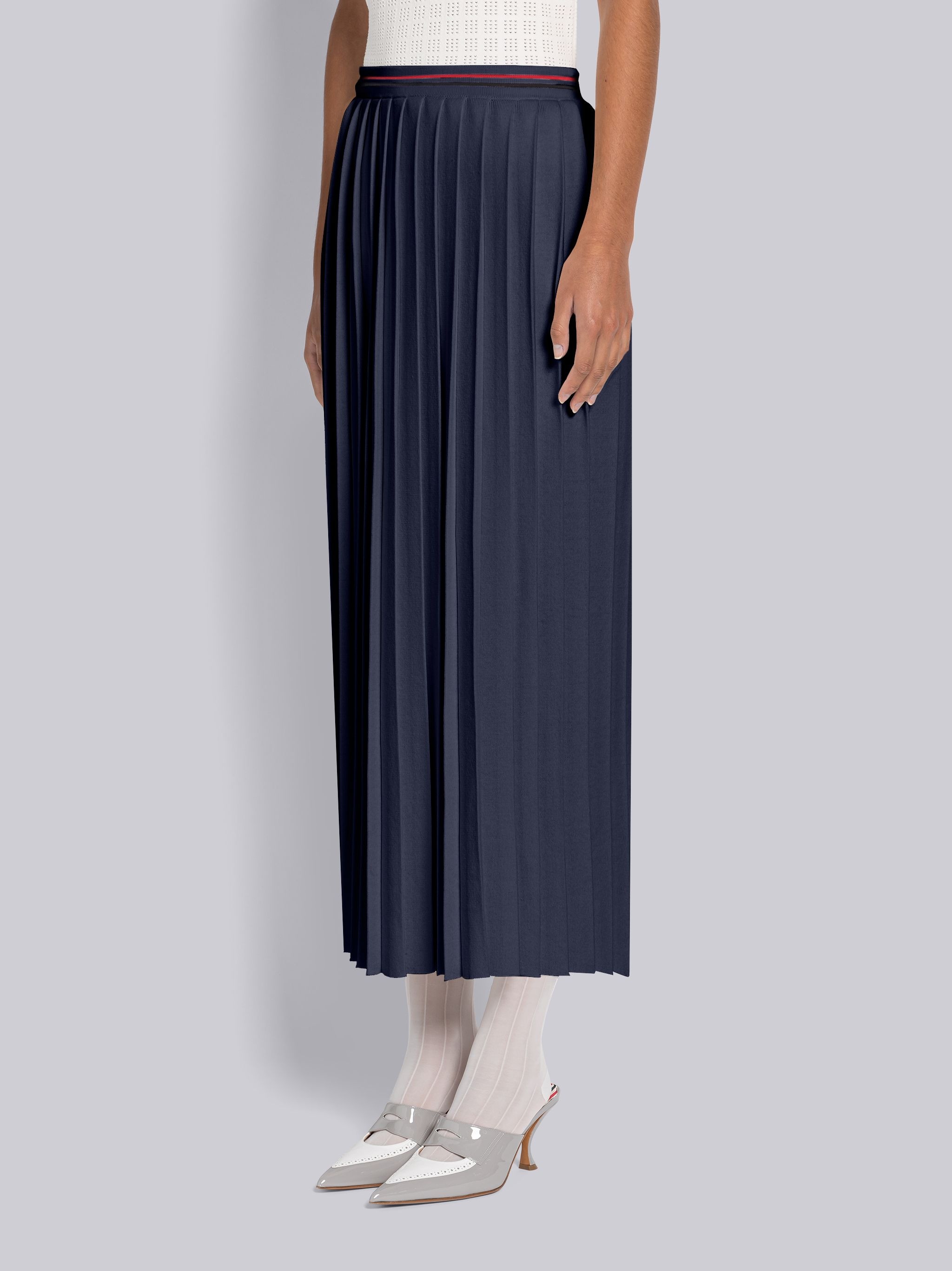 CALF LENGTH PLEATED SKIRT IN COTTON W/ RWB STRIPE - 2