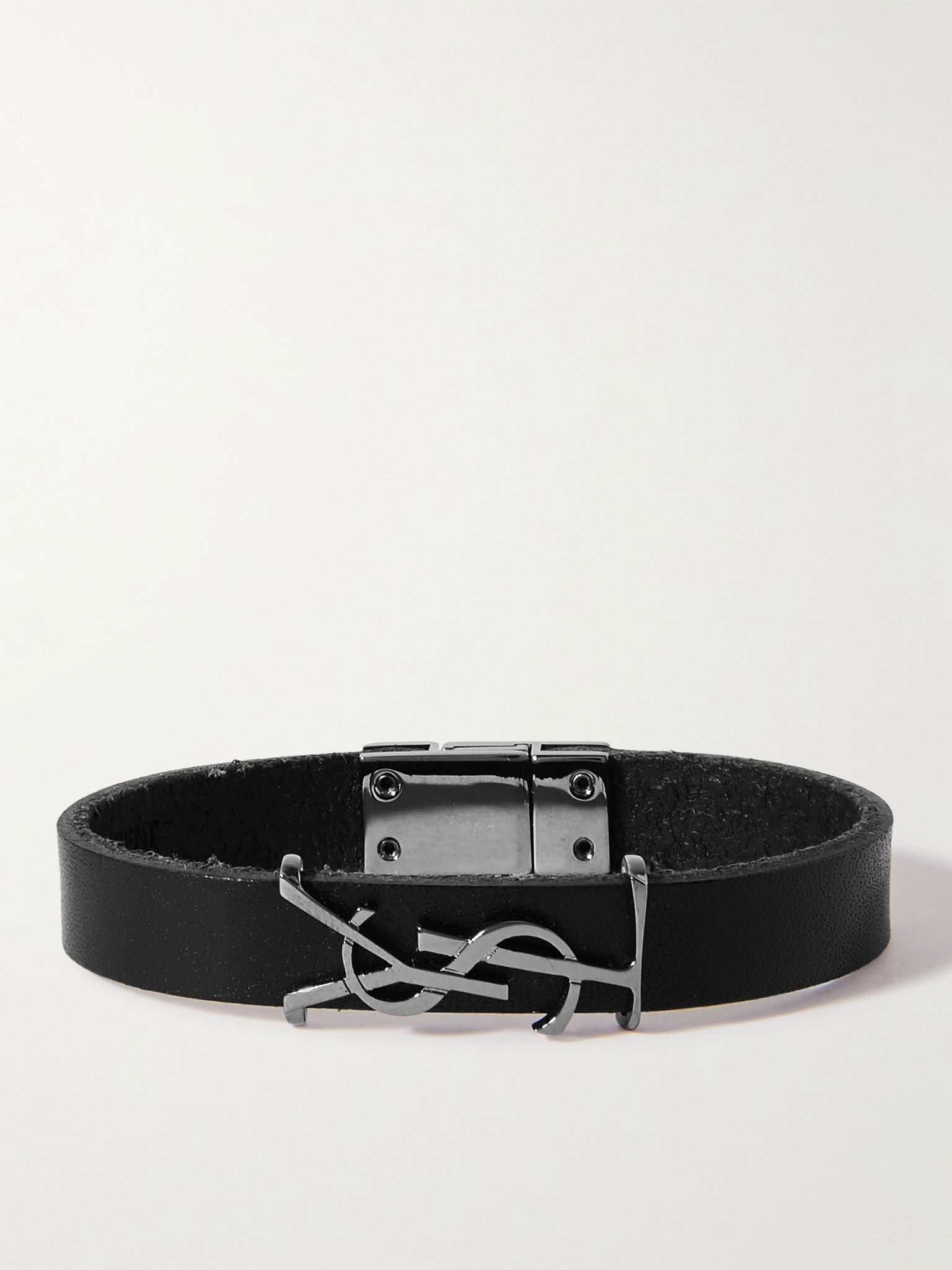 Logo-Detailed Silver-Tone and Leather Bracelet - 1