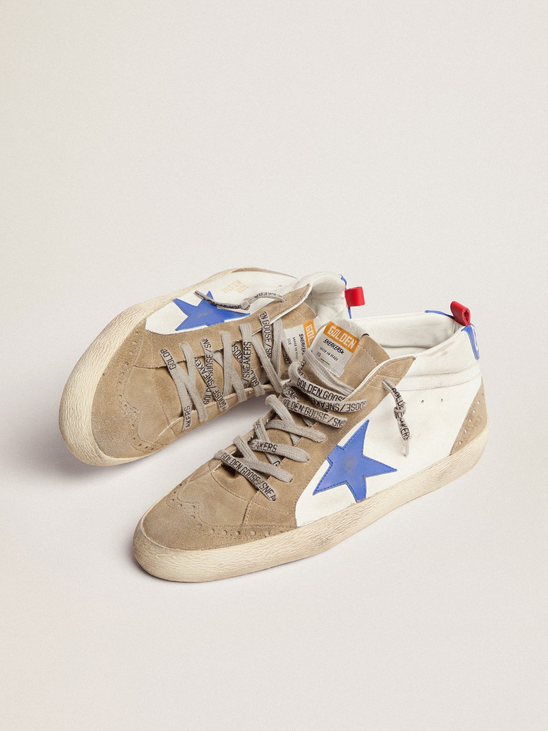 Golden Goose Men's Mid Star in white leather with blue star and dove gray inserts outlook