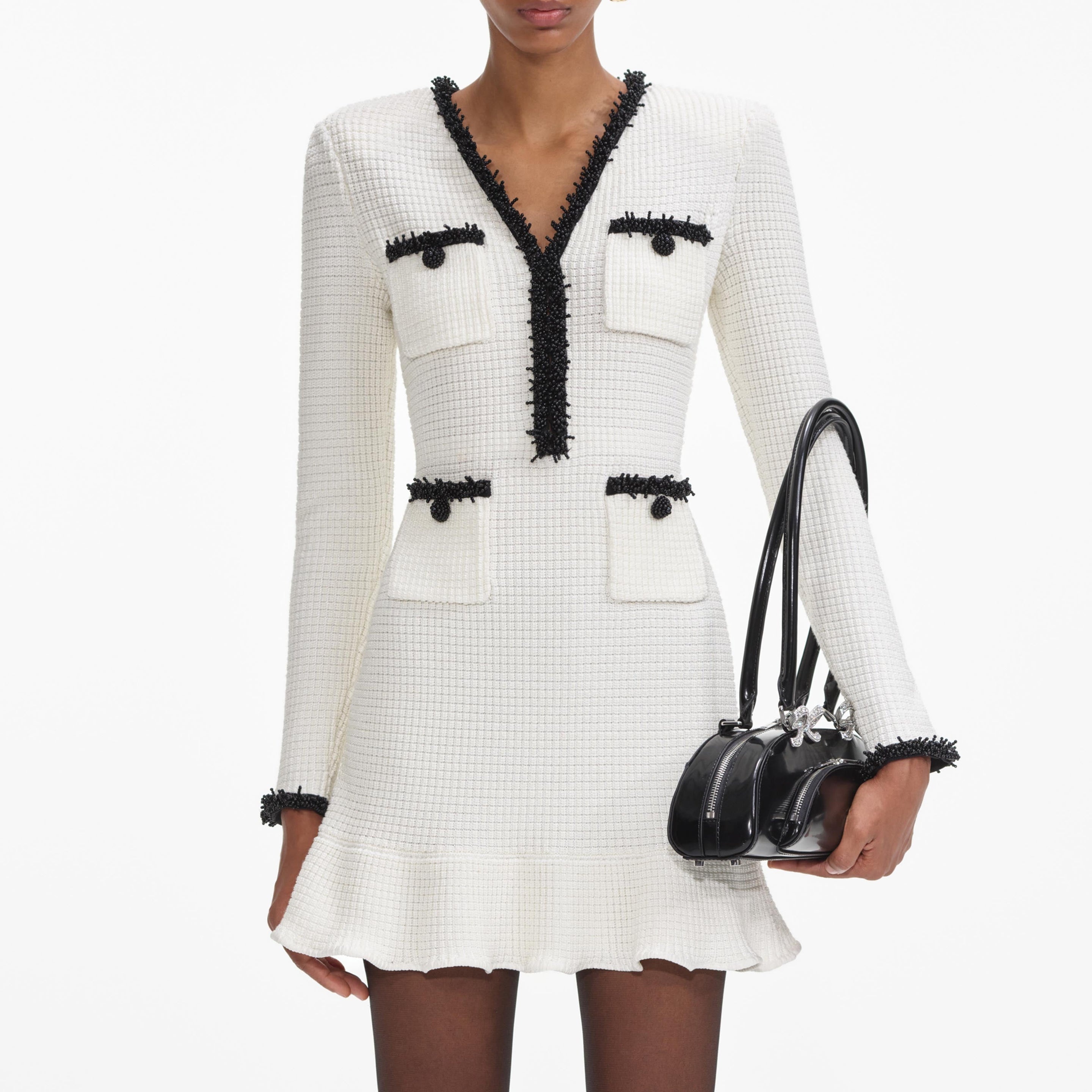 White Pearl Trim Knit Mini Dress - 4