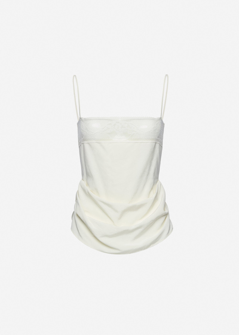 Draped silk lace-trim top in cream 1