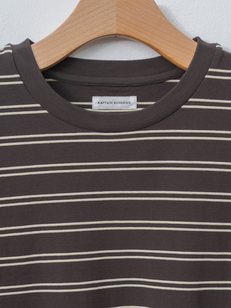 KAPTAIN SUNSHINE Hard Twisted Stripe Jersey Half-Sleeve Tee - Brown Wide Stripe outlook