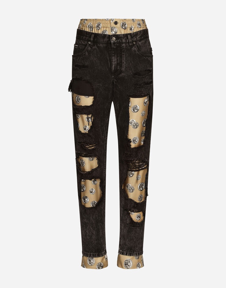 Jeans with coin print silk twill interior - 1