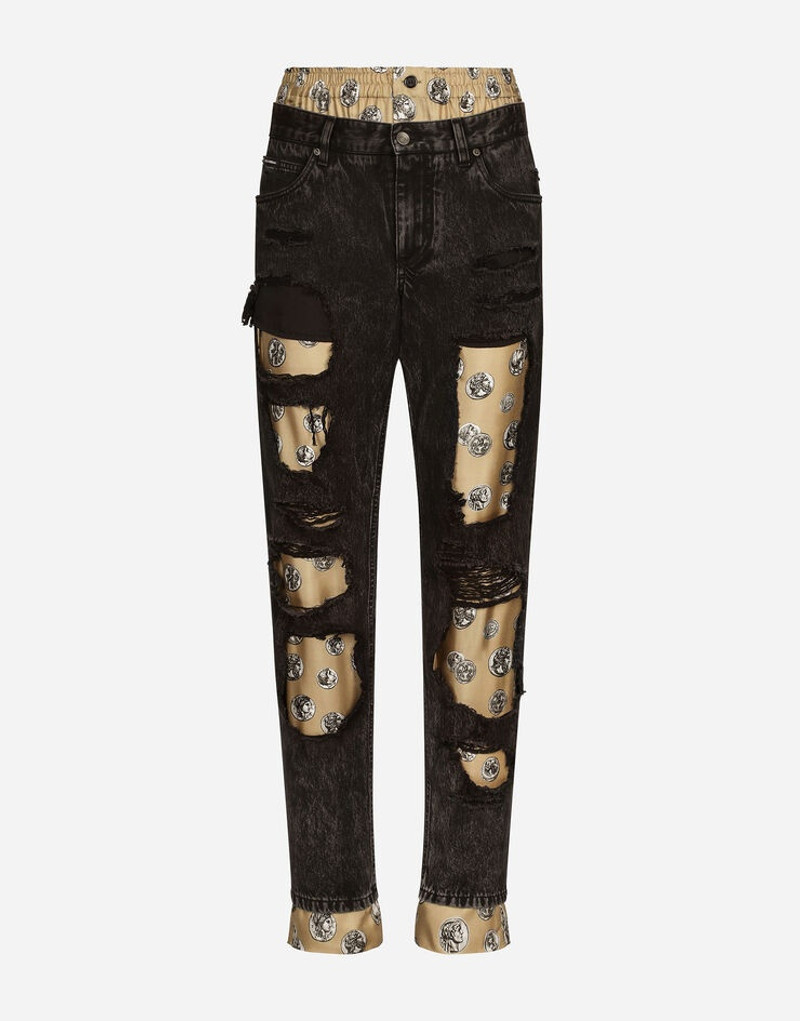 Jeans with coin print silk twill interior 1