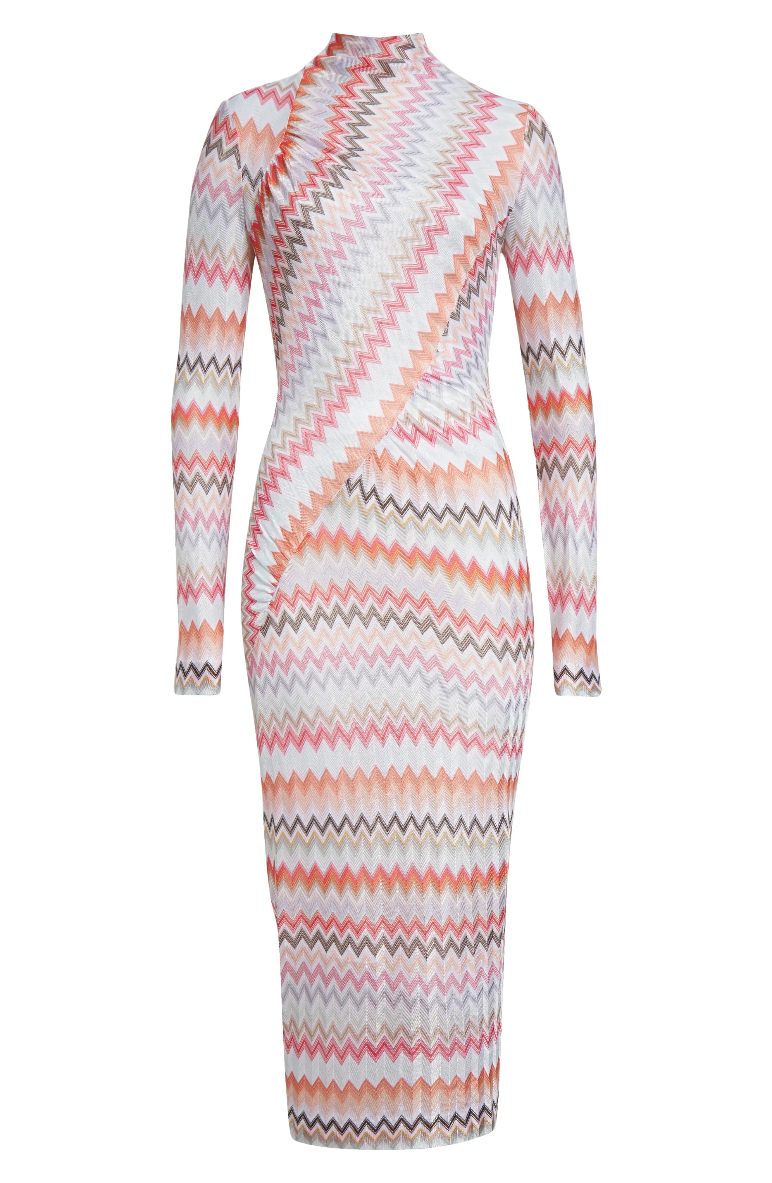 Asymmetric Long Sleeve Chevron Knit Dress in Black/Light Tones Multicolor - 5