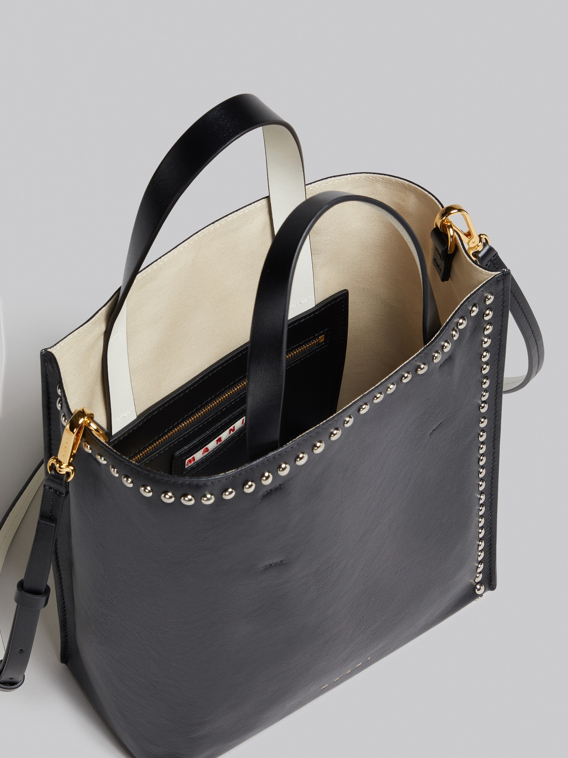 MUSEO SOFT SMALL BAG IN BLACK AND WHITE LEATHER WITH STUDS - 4