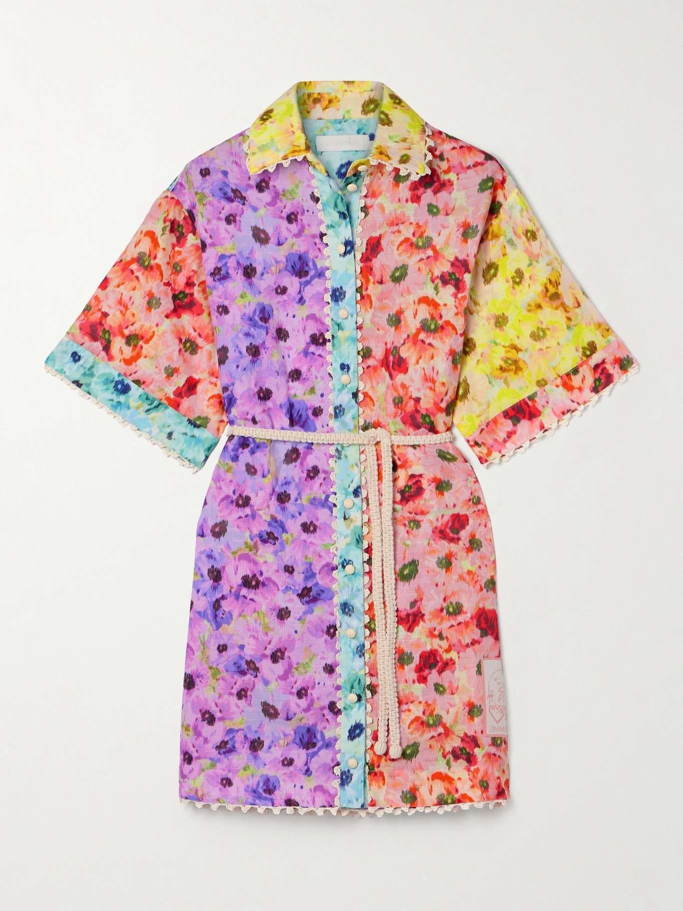 Lightburst belted crochet-trimmed floral-print cotton mini shirt dress - 1