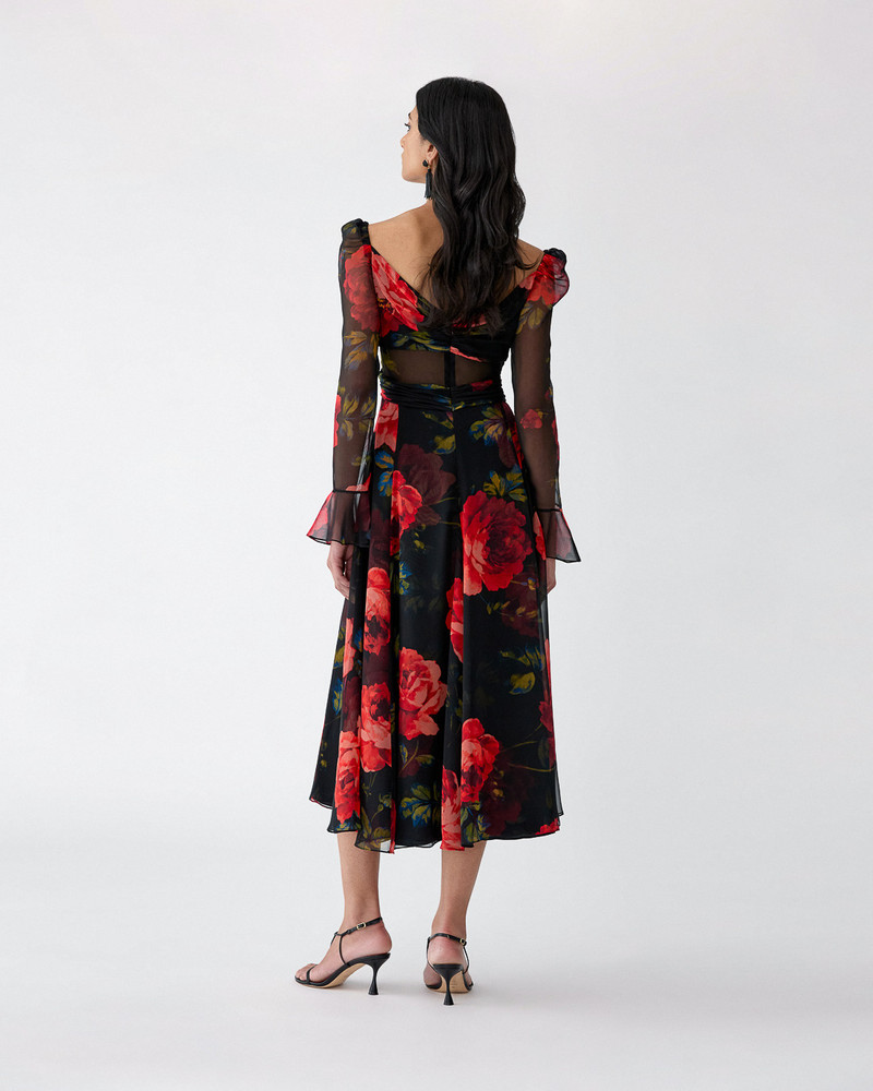 Rose-Print Chiffon V-Neck Midi Dress 3