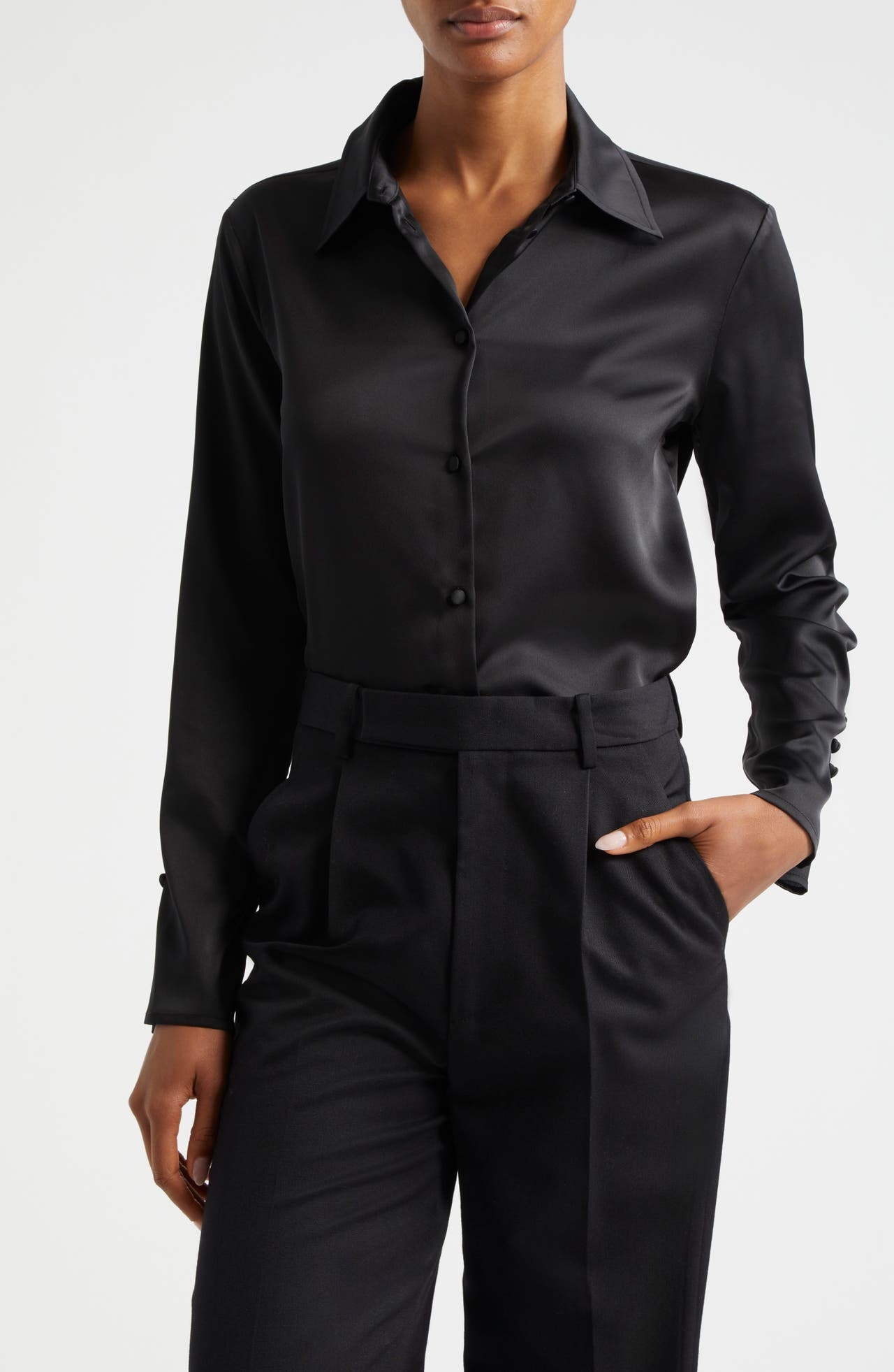 Emporio Armani Back Button Satin Shirt in Solid Black at Nordstrom - 1