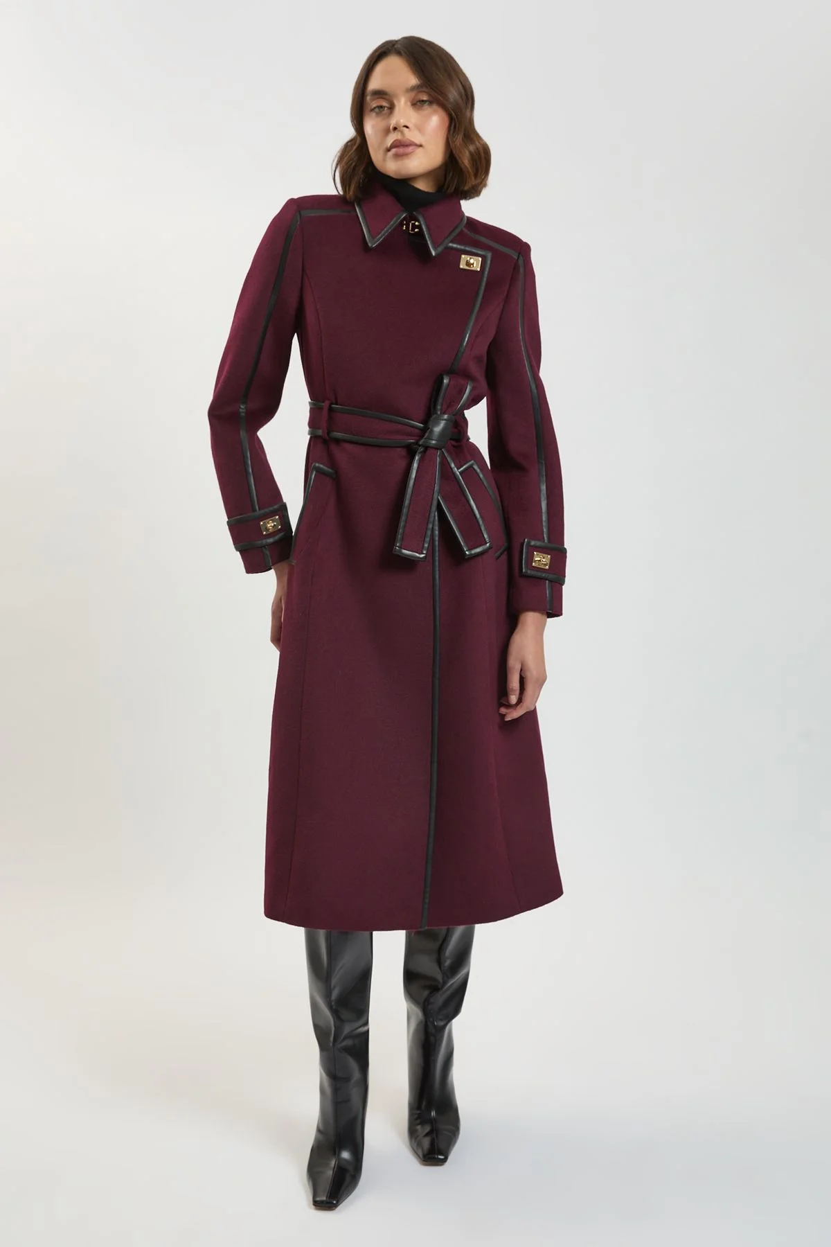 Brushed Wool Pu Trim Belted Tailored Double Breasted Midi Coat - 1