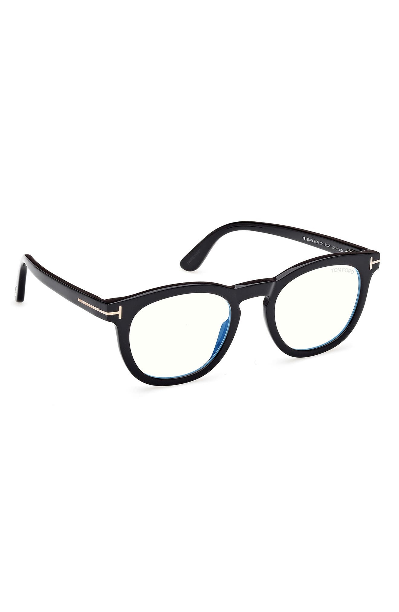 TOM FORD 50mm Small Round Blue Light Blocking Glasses in Black/Gold Eco /T Logo at Nordstrom - 2