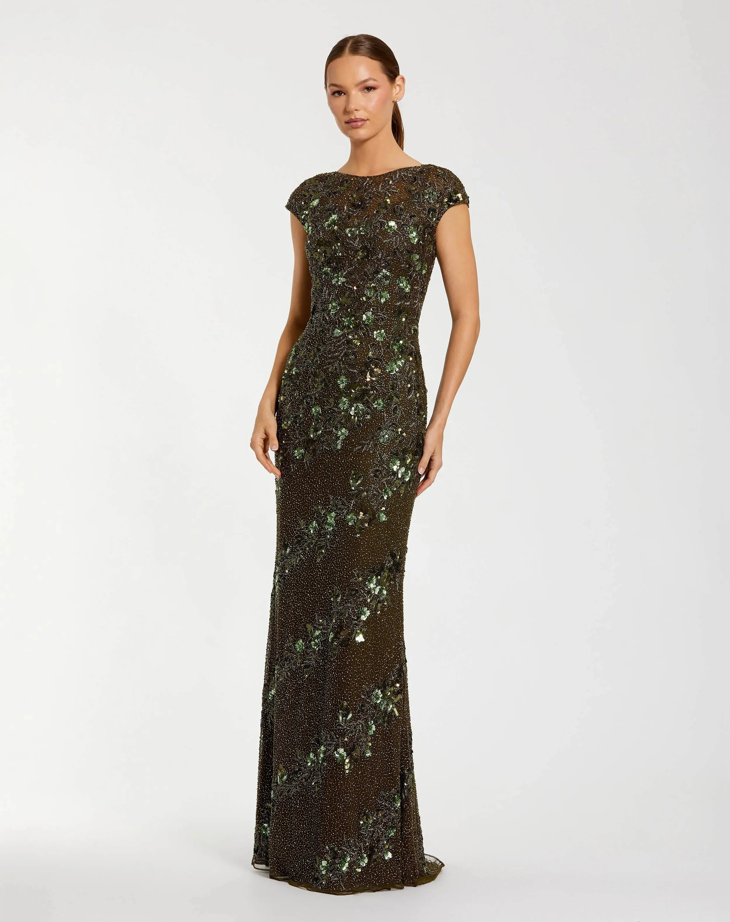 Green Floral Embellished Cap Sleeve Column Gown - 1