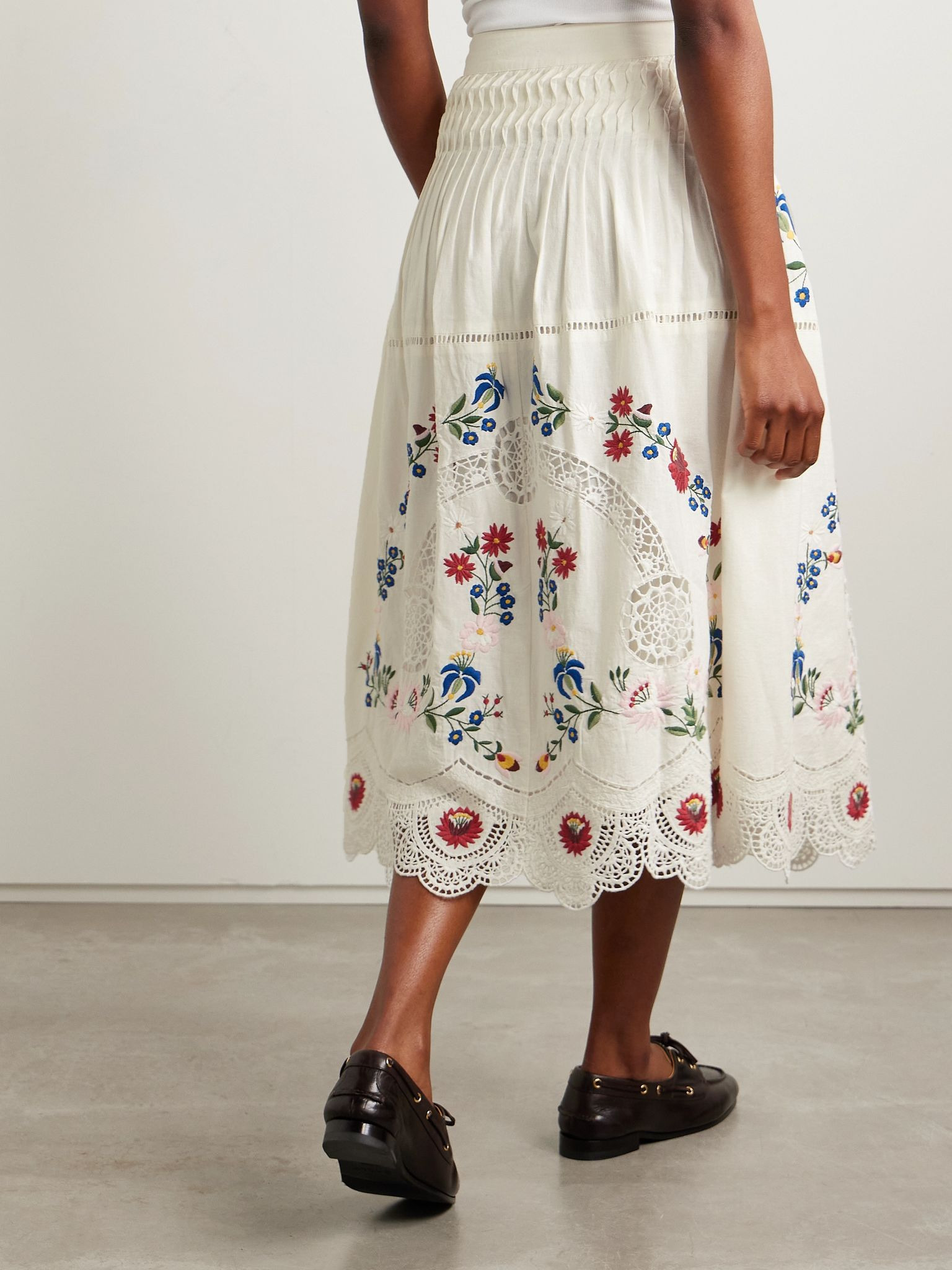 Celia broderie anglaise cotton and linen-blend midi skirt Cream - 4