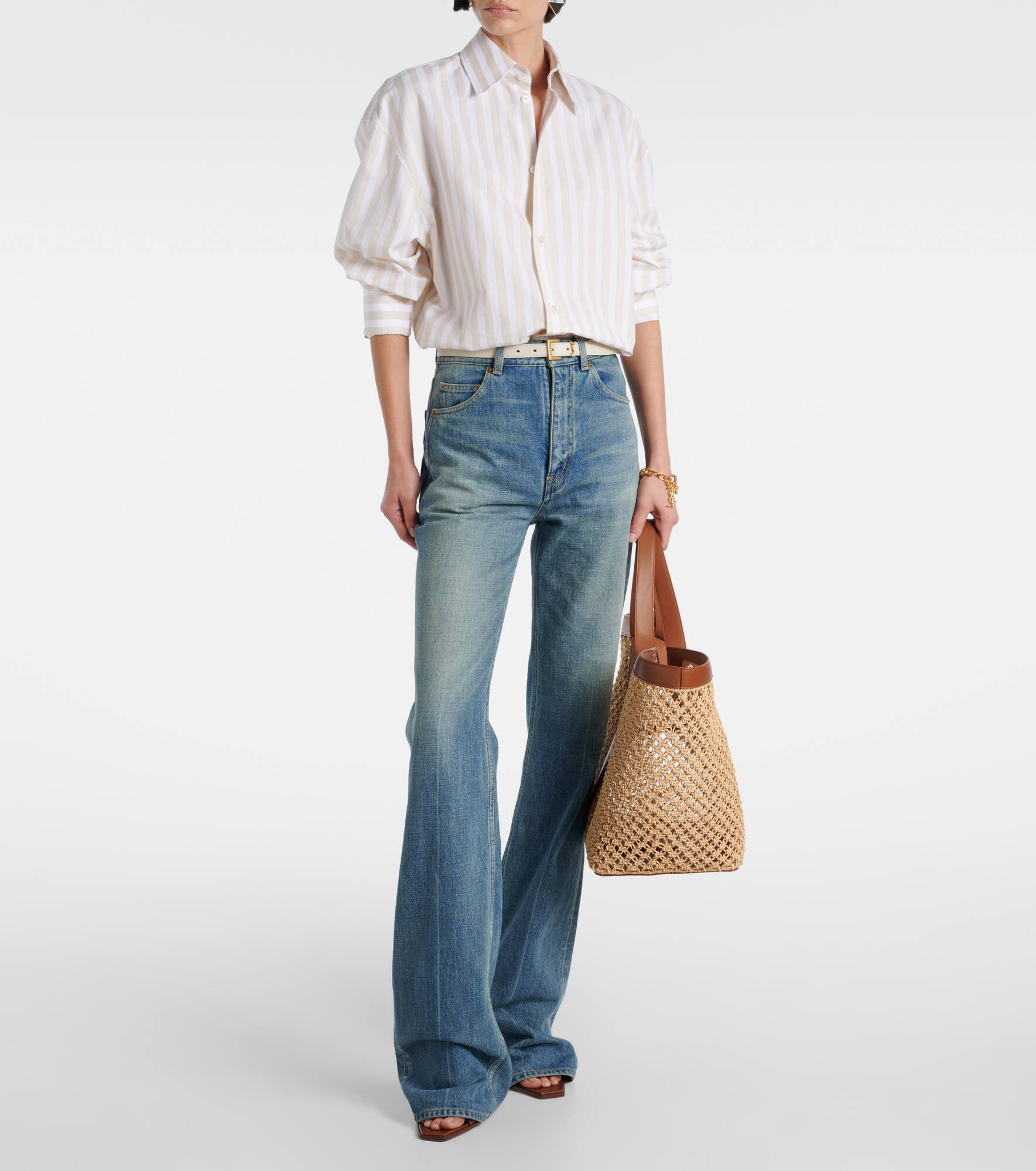Y leather-trimmed raffia shopper - 5