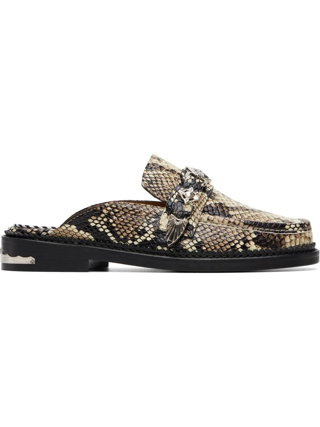 Beige Embossed Snake Slip-on Loafers - 1