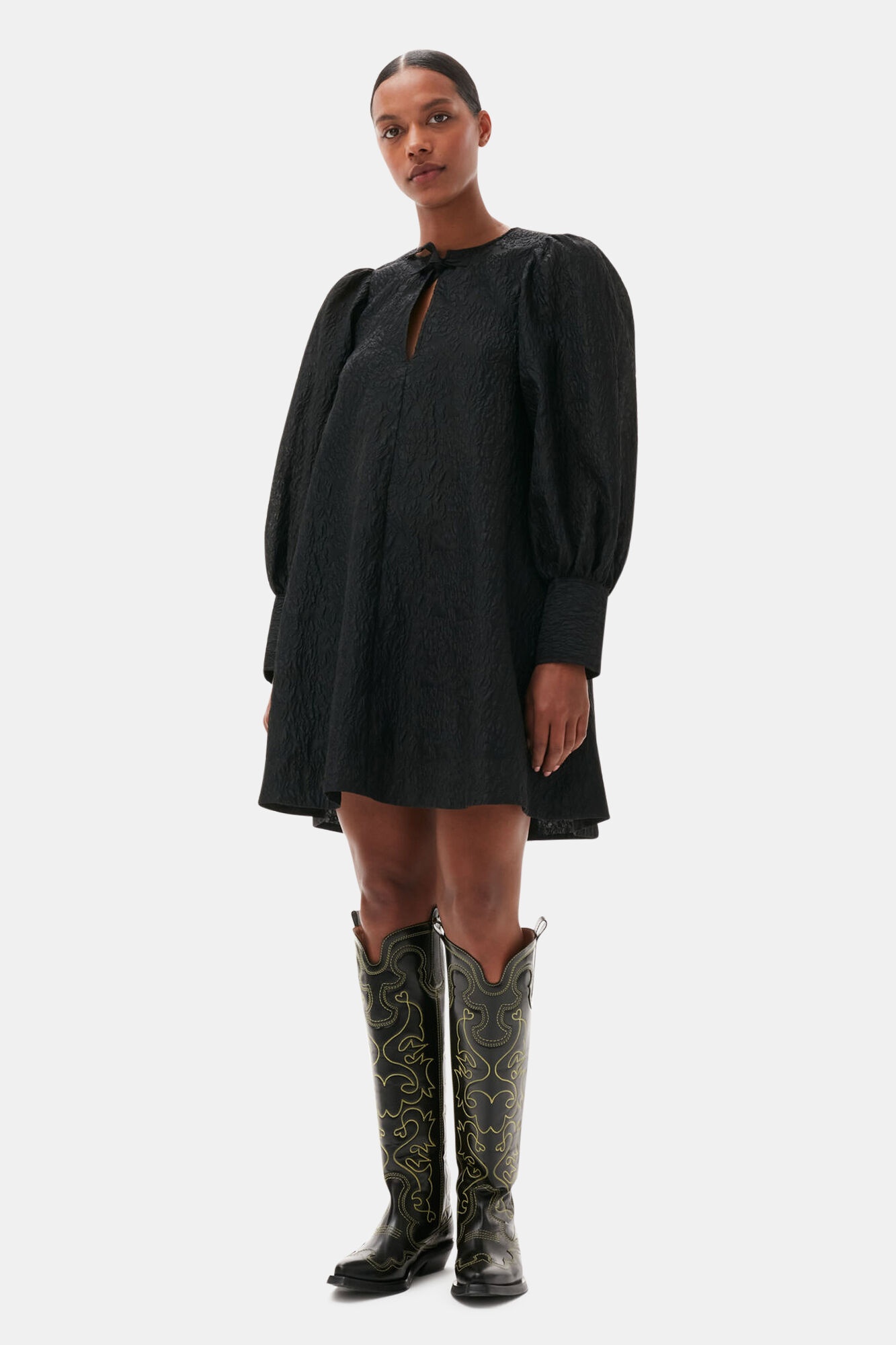 BLACK JACQUARD ORGANZA MINI DRESS - 2