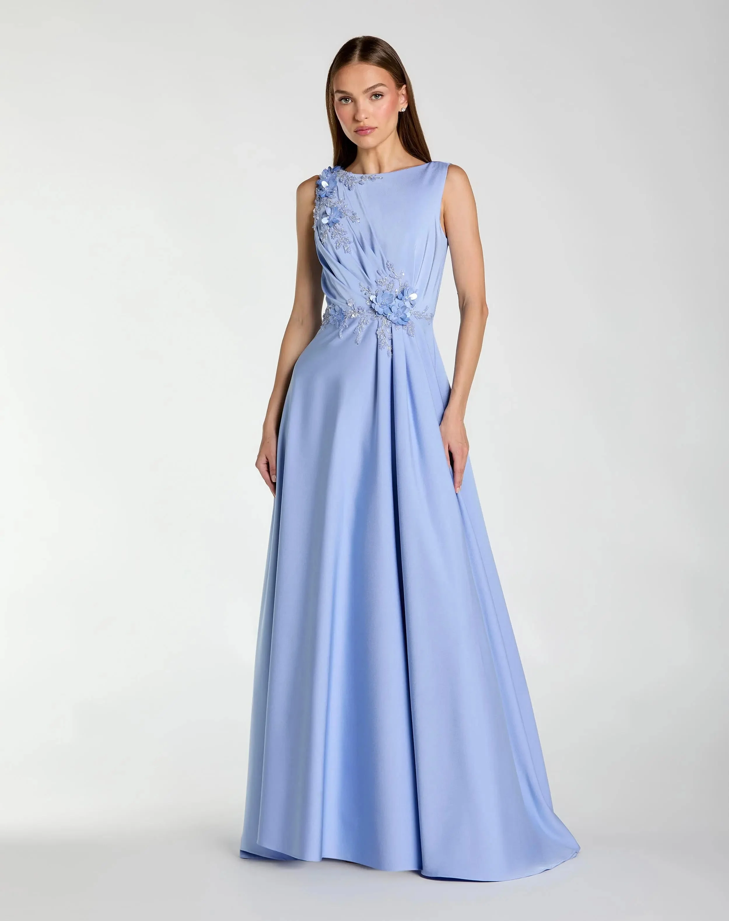 Powder Blue Floral Applique Sleeveless A-Line Gown - 1