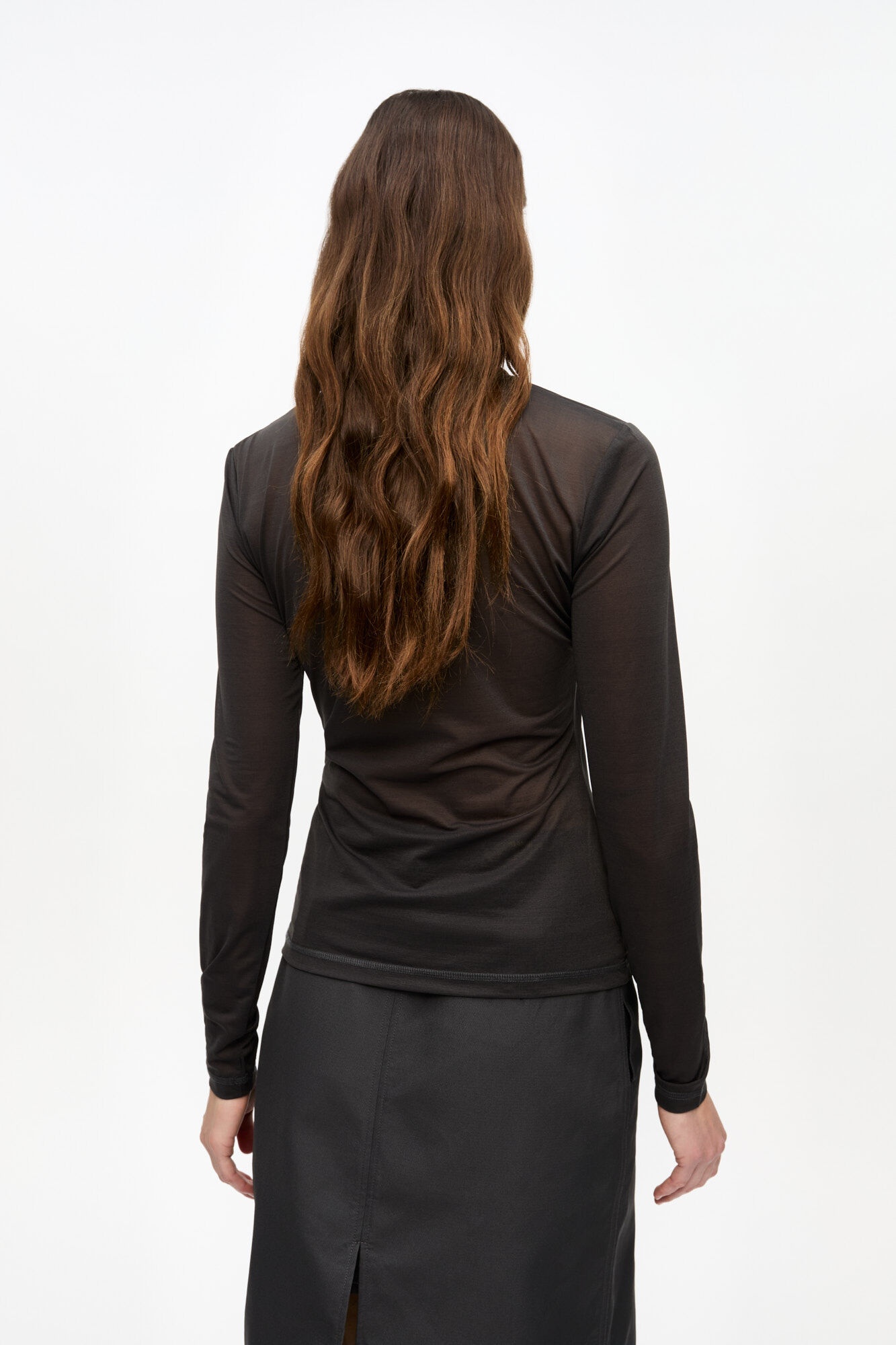 BLACK SHEER MESH JERSEY LONG SLEEVE TOP - 4