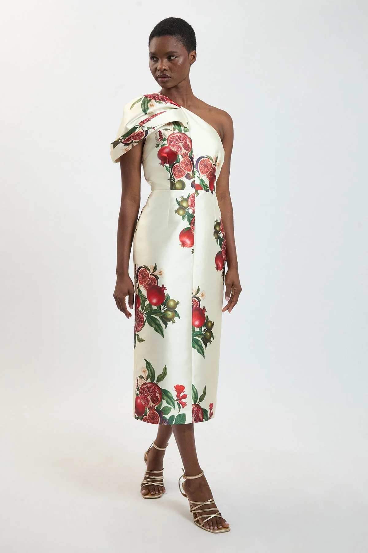 Fruit Print One Shoulder Twill Midi Dress - 1