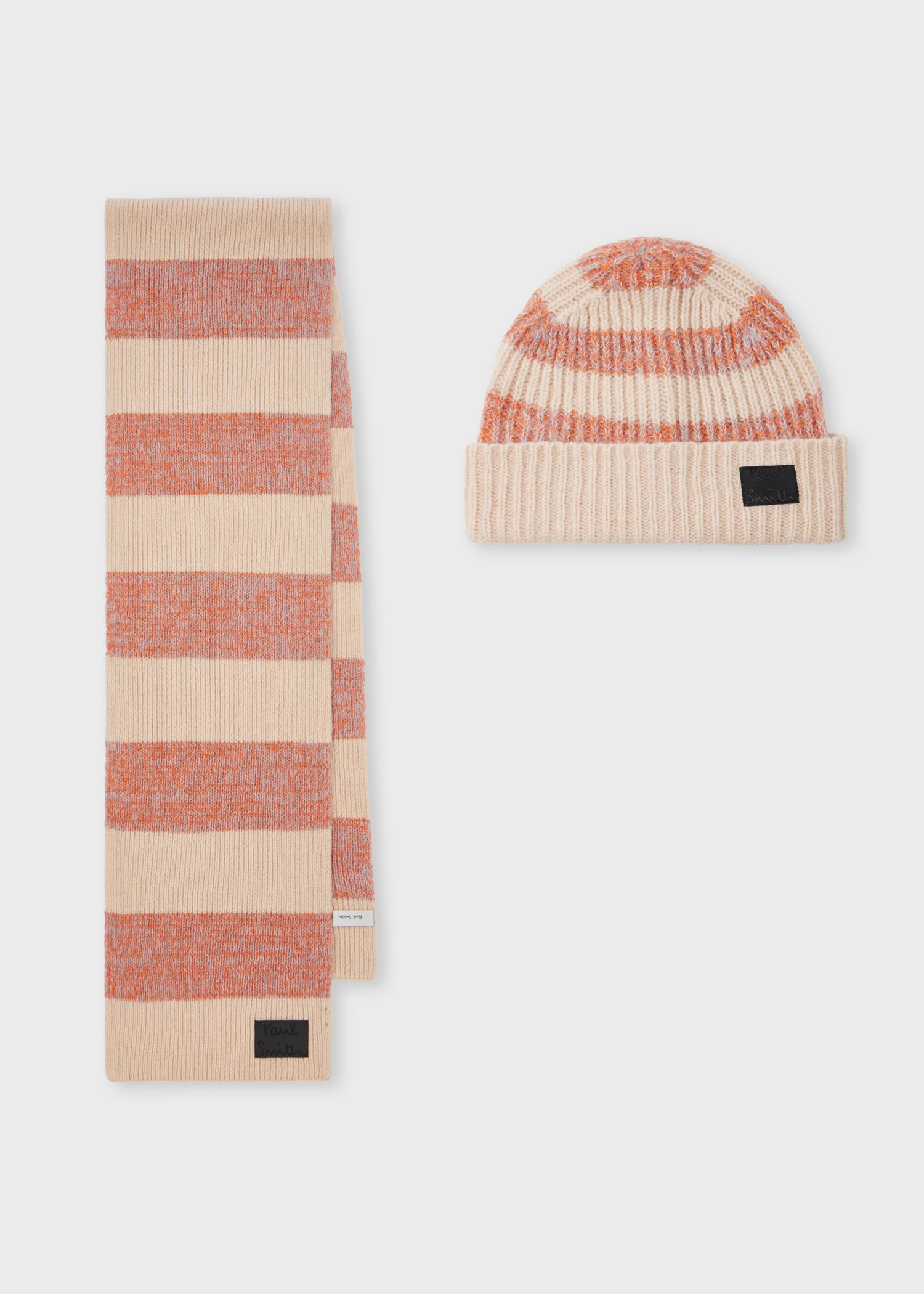 Women's Pink and Beige Lambswool-Blend Block Stripe Beanie and Scarf Set - 1