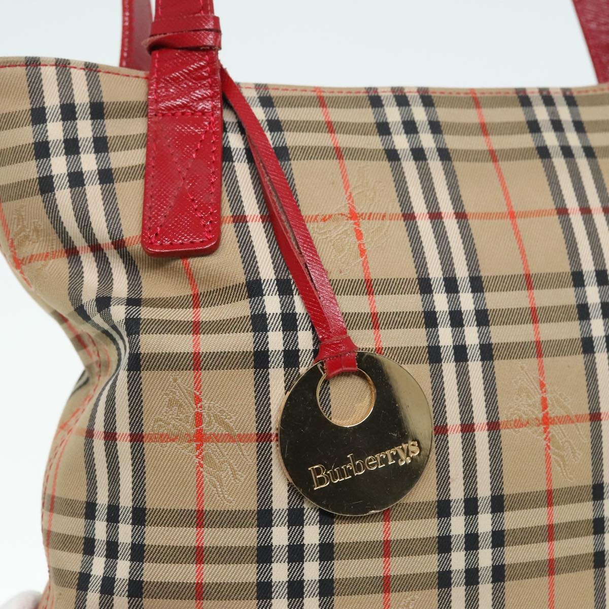 Burberry Nova Check Tote Bag Canvas Leather Beige Gold Red - 10