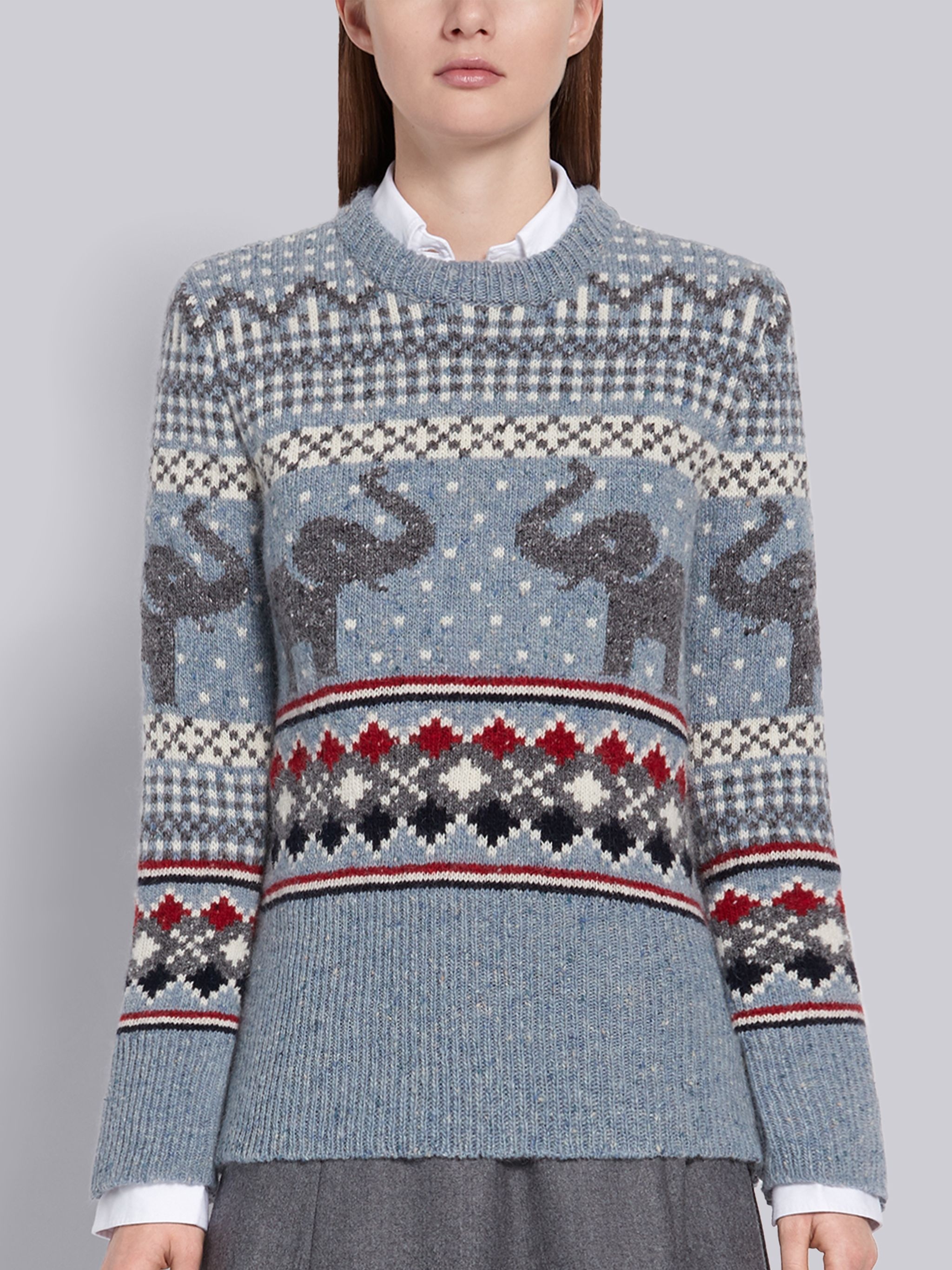 Light Blue Mohair Wool Elephant Icon Fair Isle Crewneck Pullover - 1