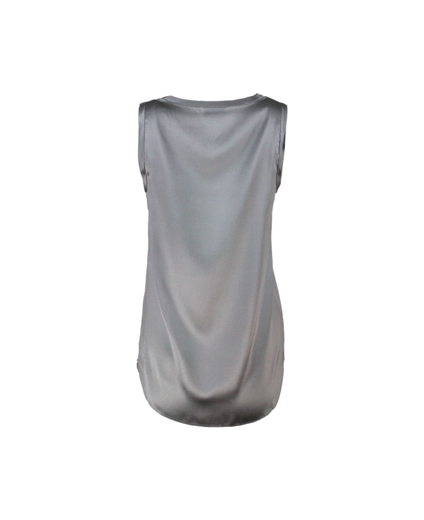 Sleeveless Round Neck Top In Stretch Silk - 3