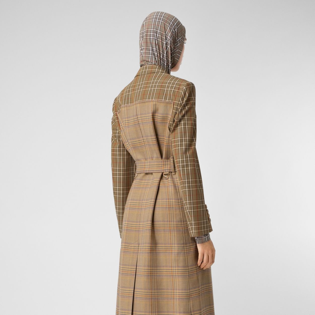 Contrast Check Wool Cotton Trench Coat - 4