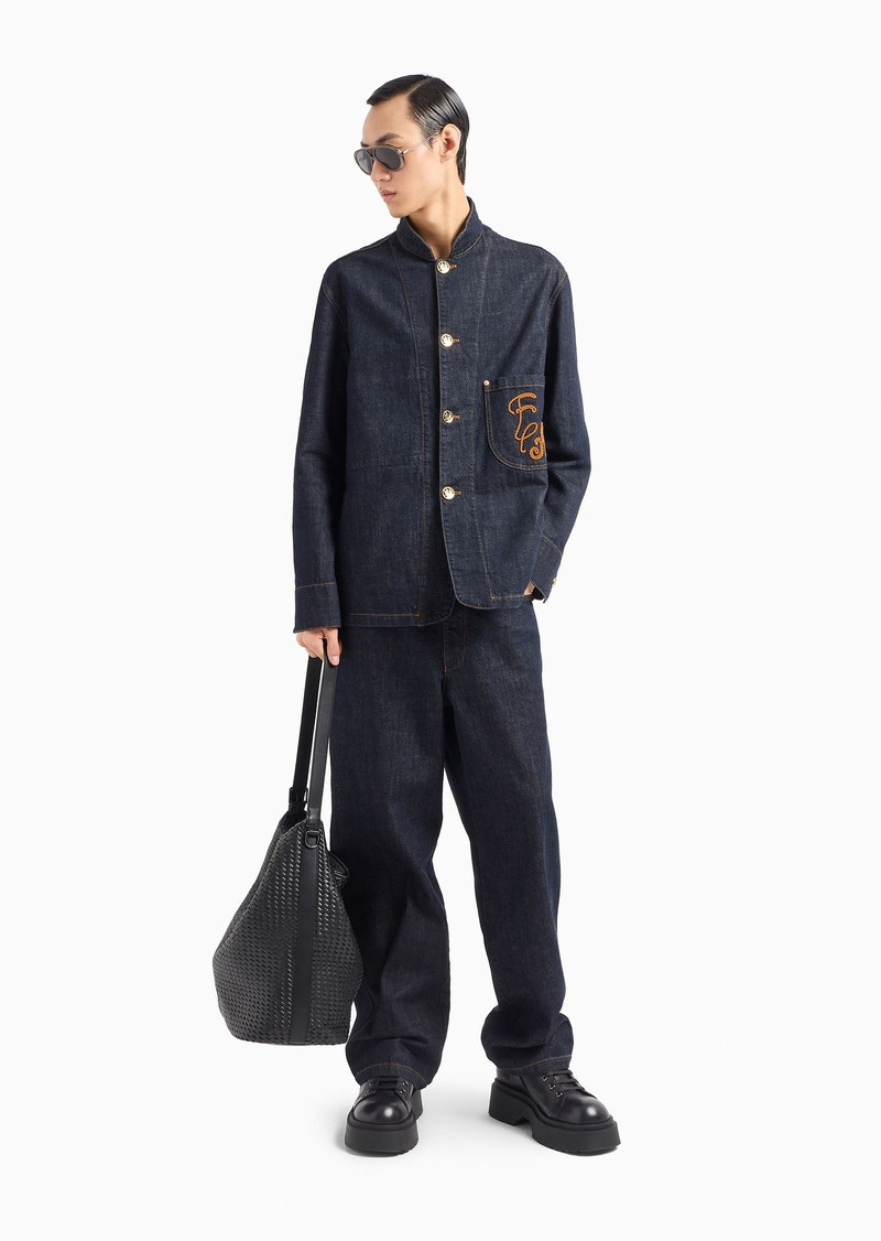 EMPORIO ARMANI Dirty-treatment denim blazer with guru collar and EA embroidery outlook