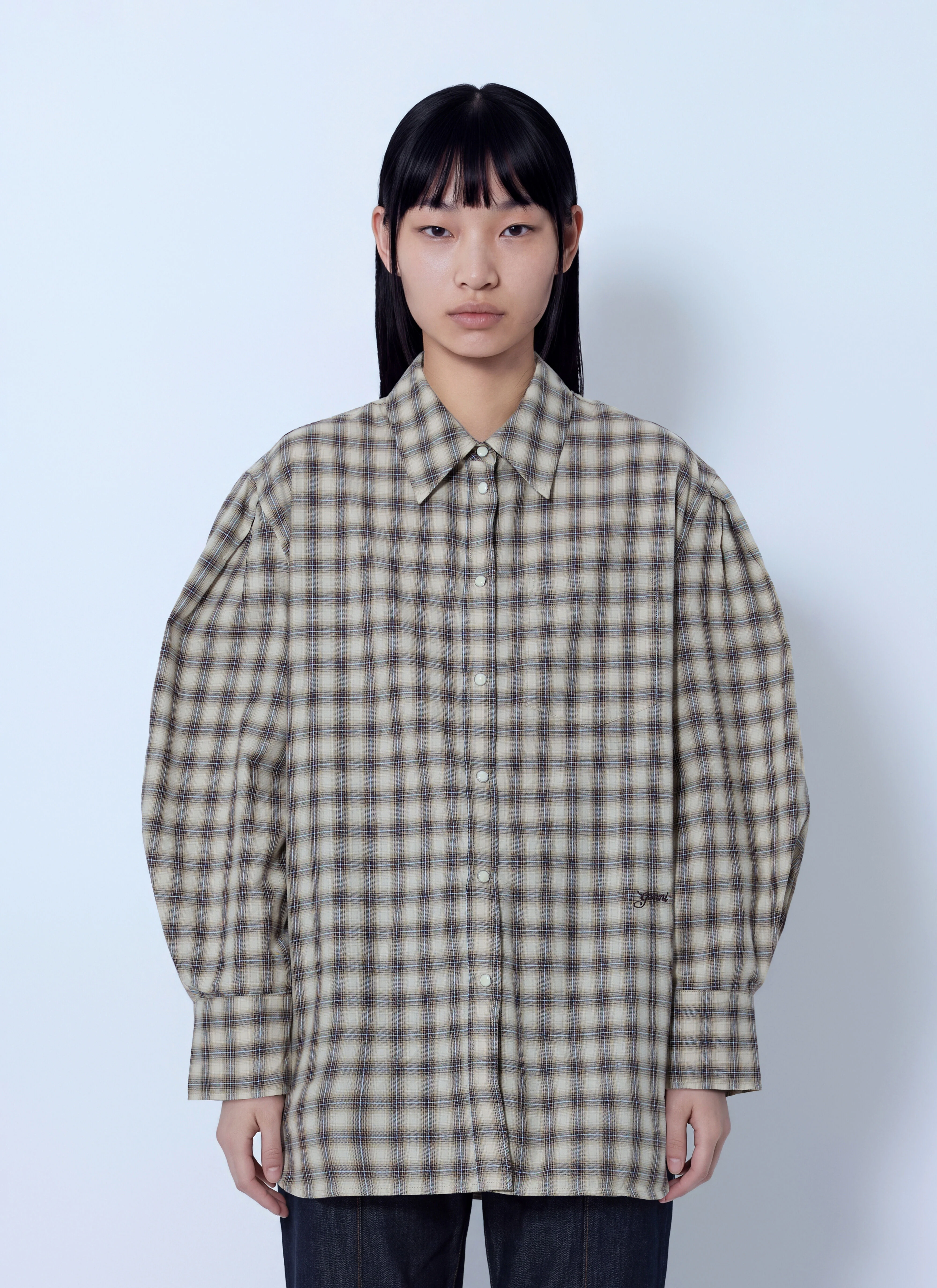Light Check Flannel Pleated Sleeve Shirt - 1