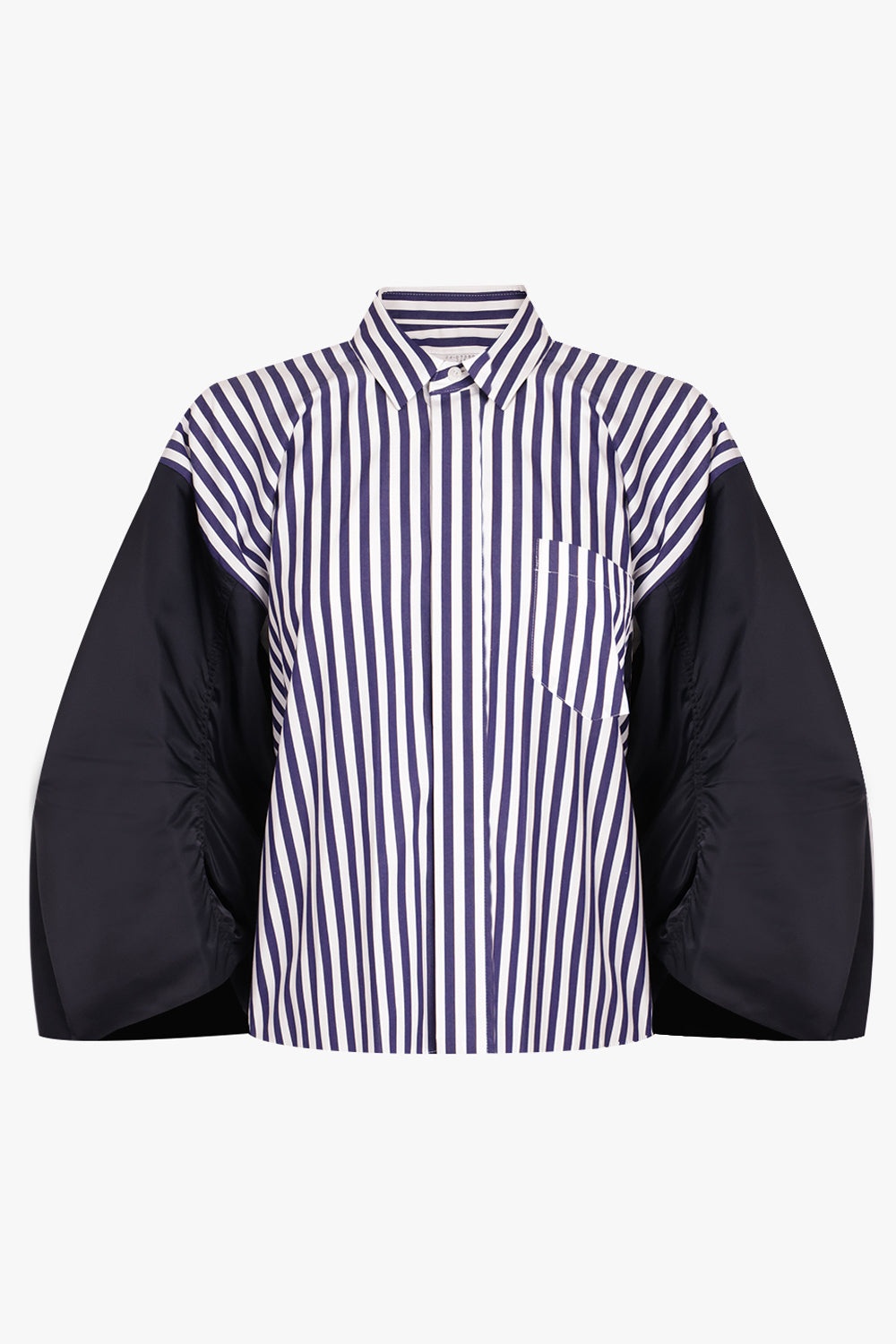 CONTRAST BALLOON L/S CROPPED STRIPE SHIRT | NAVY/WHITE - 1