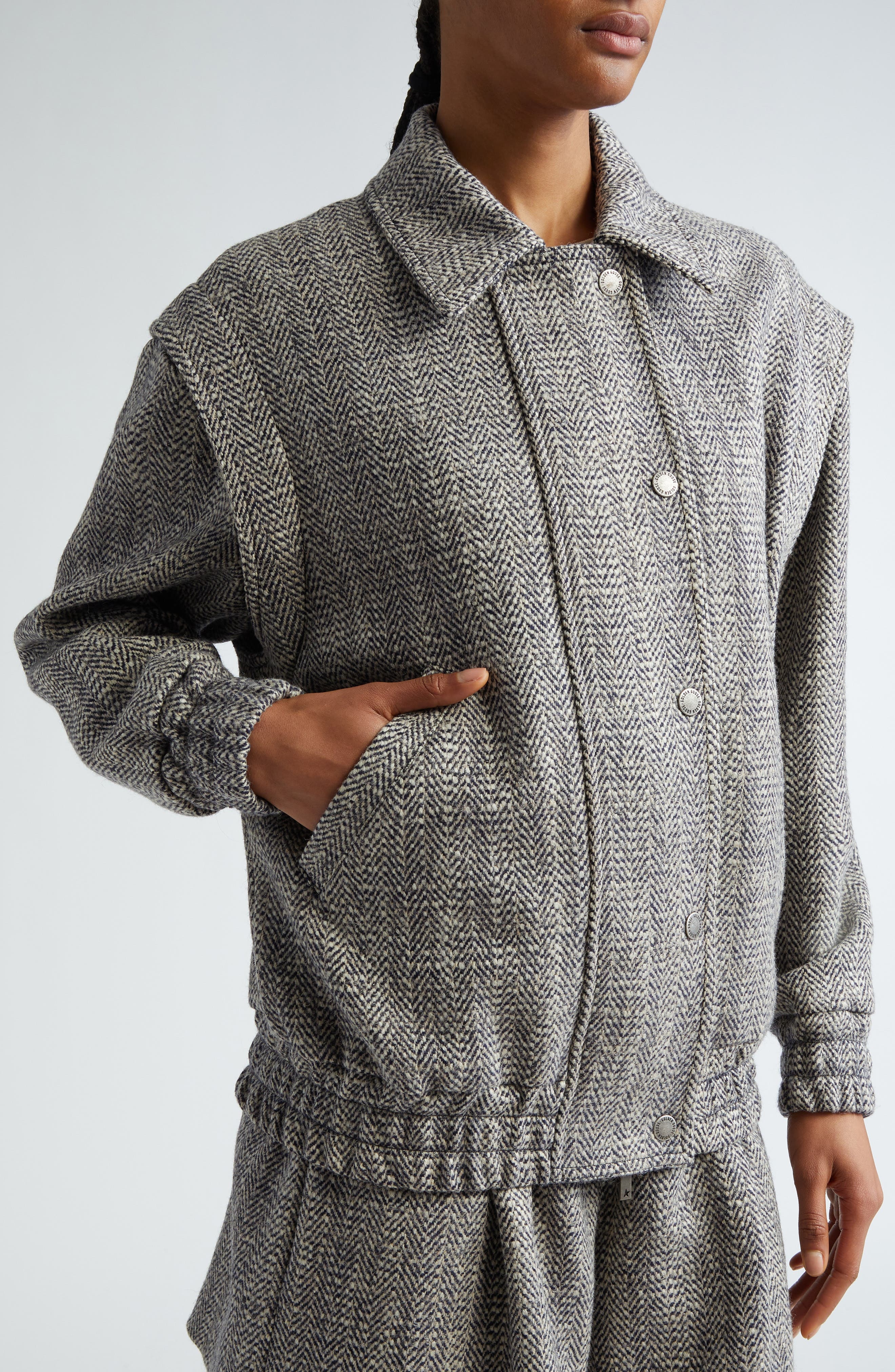 Golden Goose Journey Wool Blend Herringbone Bomber Jacket in Midnight/Ecru at Nordstrom - 6