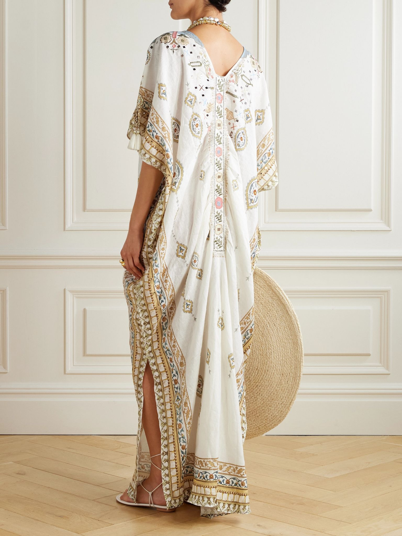 Tasseled embroidered printed linen kaftan Cream - 3