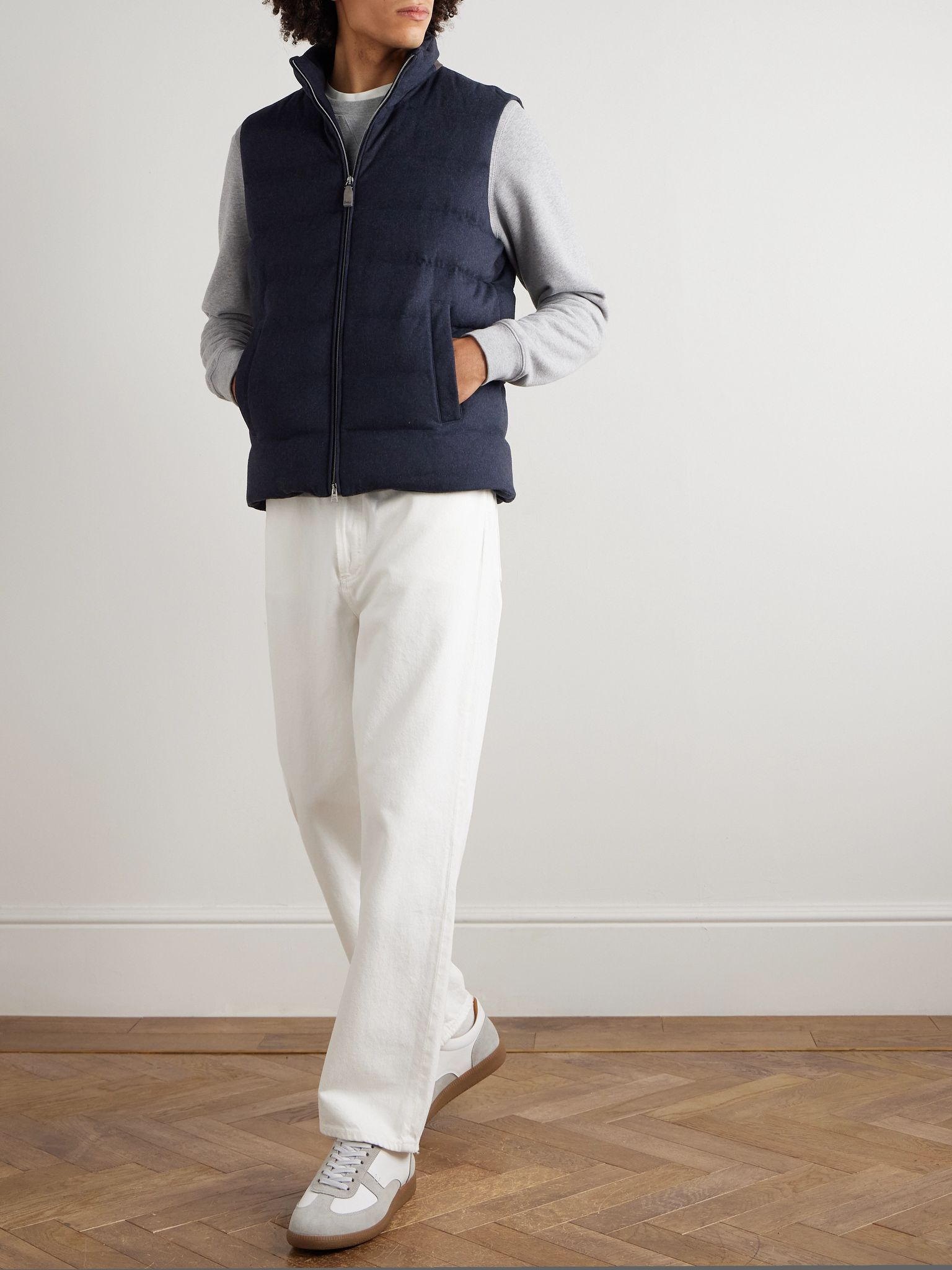 Suede-Trimmed Quilted Silk and Cashmere-Blend Twill Down Gilet Navy - 2