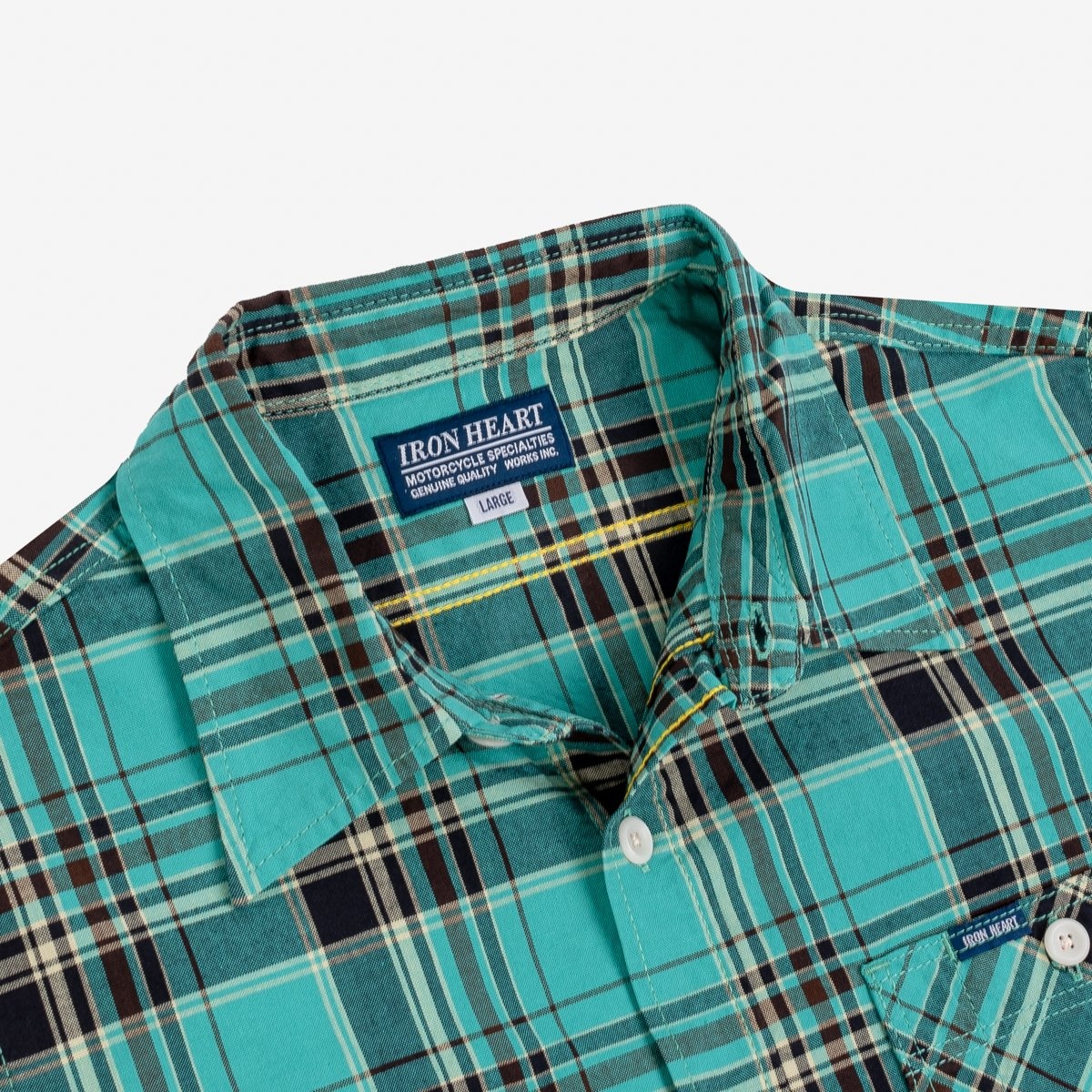 IHSH-360-GRN 5oz Selvedge Madras Check Short Sleeve Work Shirt - Green - 8