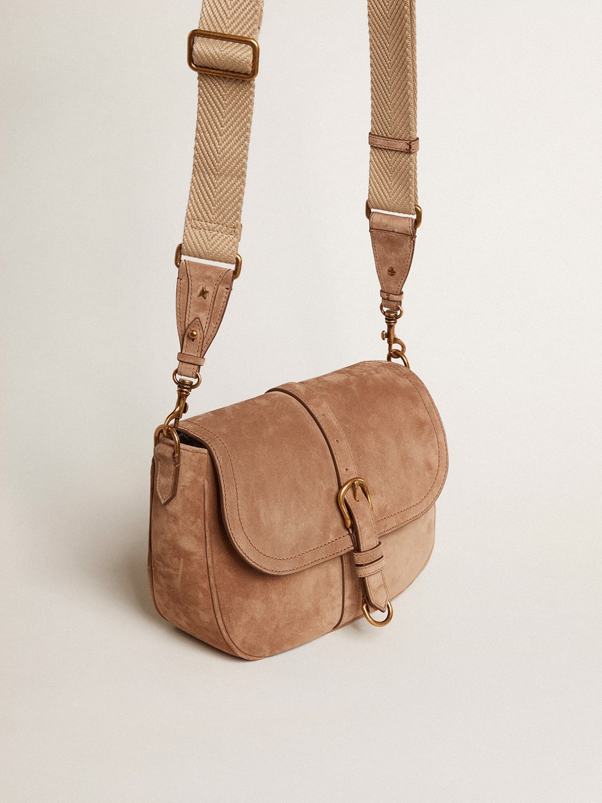 Medium Sally Bag in ash-colored suede with contrasting buckle and shoulder strap - 2