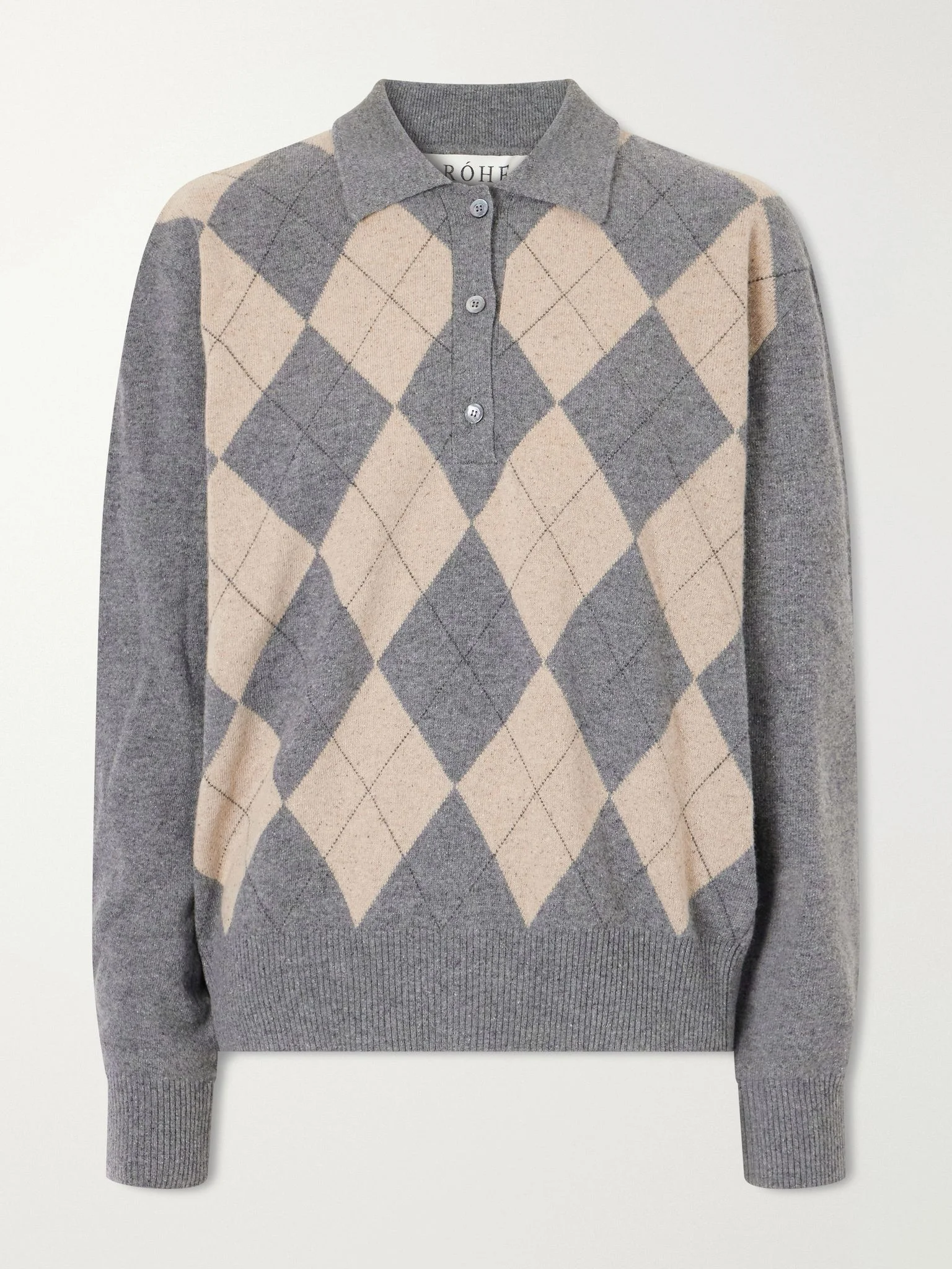 Argyle cashmere, wool and silk-blend polo sweater Gray - 1