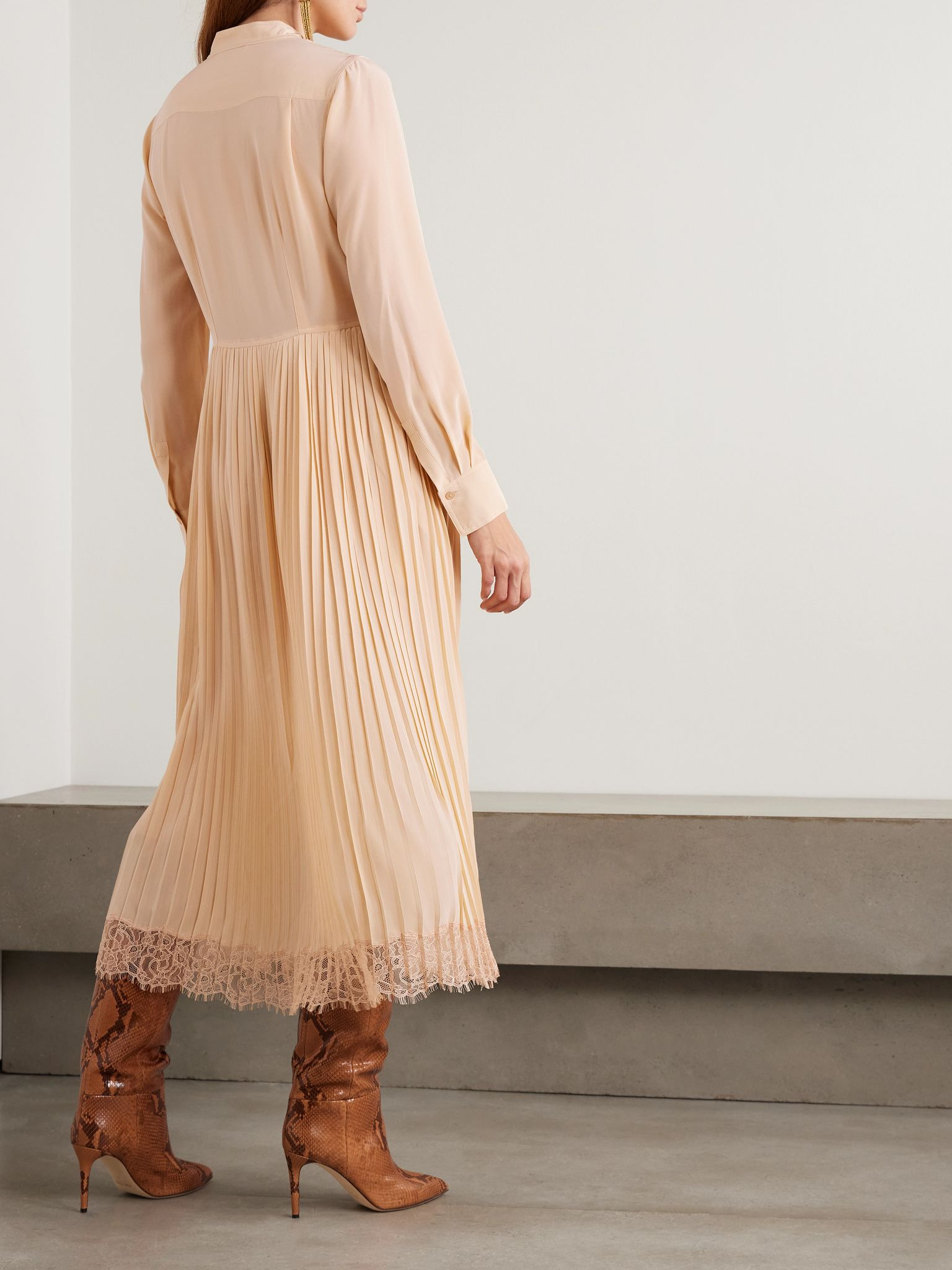 Aviana pussy-bow lace-trimmed pleated silk crepe de chine dress Beige - 3