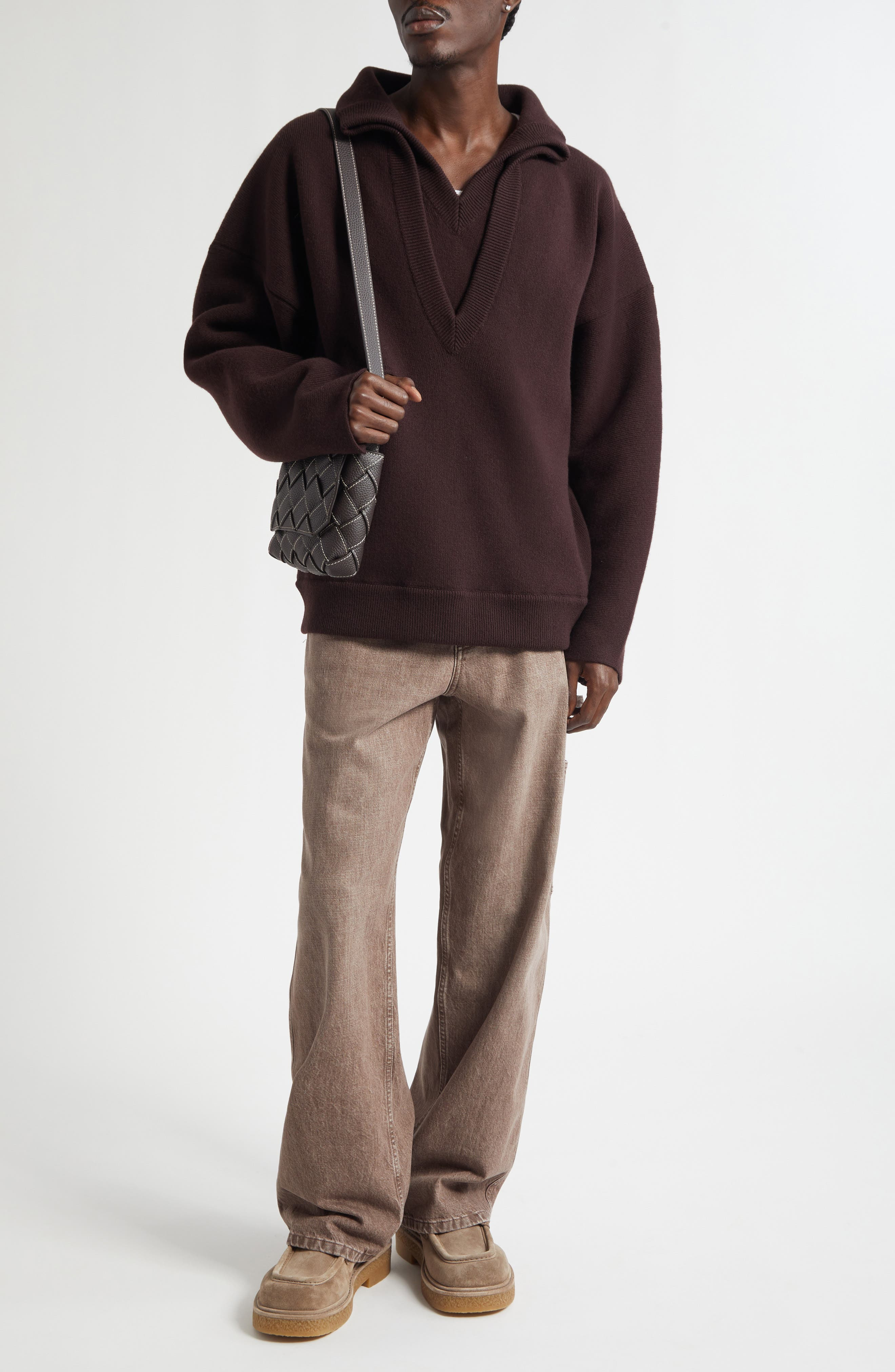 Bottega Veneta Chunky Compact Wool Blend V-Neck Sweater in 2046 Ebony at Nordstrom - 2