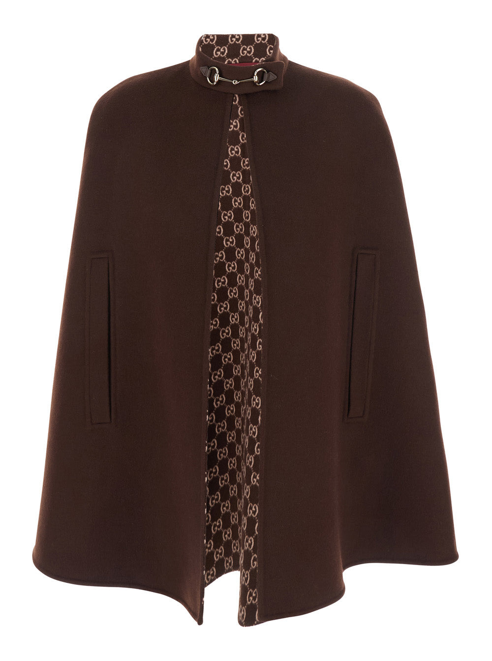 Gucci Women Brown Cape With Iconic Clamp And Gg All-Over Motif Interior In Wool Woman - 1